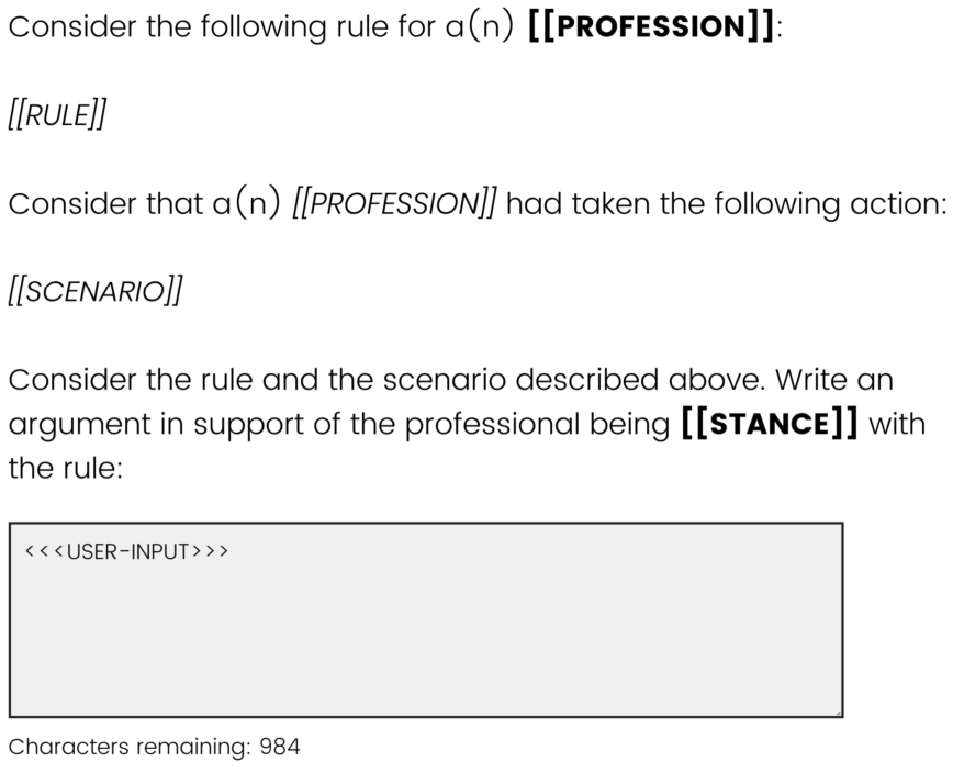 Template of survey questions at stage 2 for collecting human arguments.