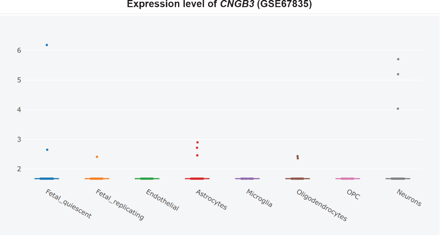 Cell type-specific expression of CNGB3 in non-AD temporal cortex, adapted from Xu et al. and Darmanis et al. with permission [360, 361].