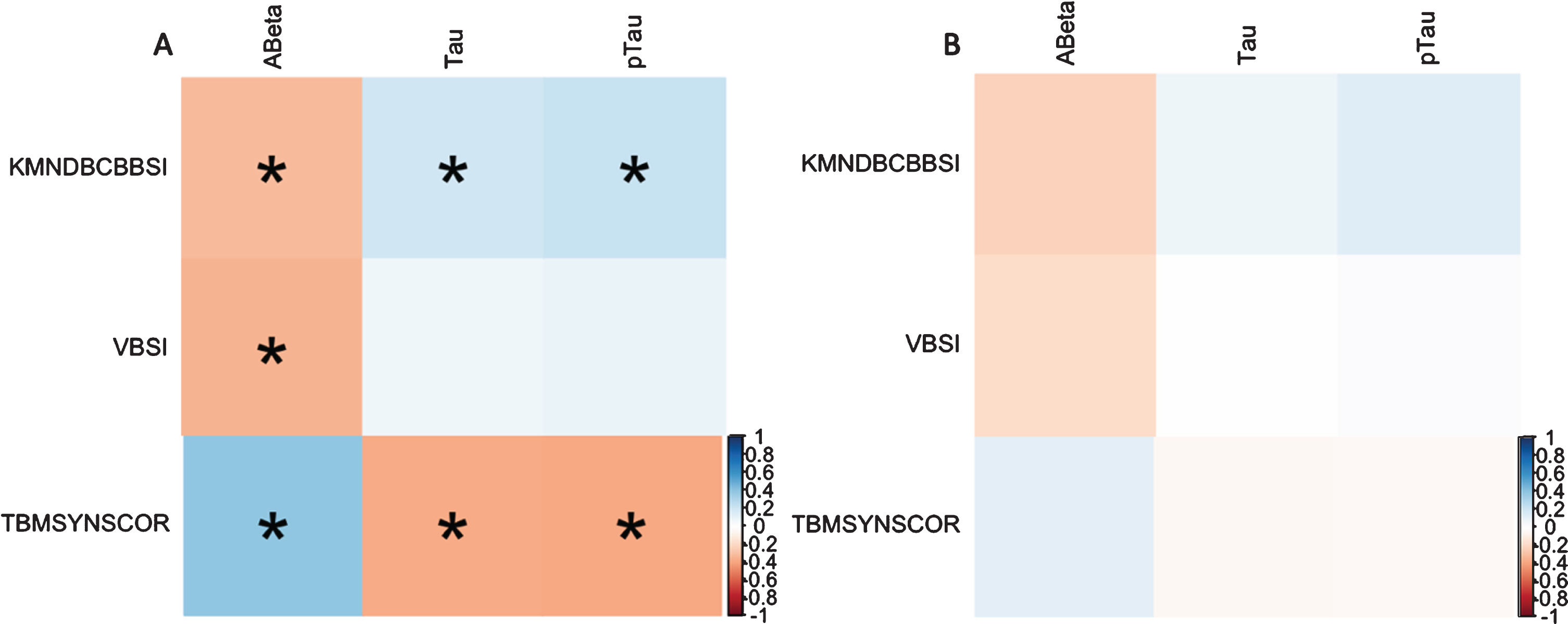 Correlation plot of atrophy measurements and CSF biomarkers. Correlation plot in Stable MCI (A) and reversion (B) groups. Aβ, amyloid-β; t-tau, total tau; p-tau, hyperphosphorylated tau; KMNDBCBBSI, K-means clustering differential bias-corrected BSI; VBSI, Ventricular BSI; TBMSYNSCOR, Tensor Based Morphometry –Symmetric Diffeomorphic Image Normalization score.*Significant correlation (p < 0.05).
