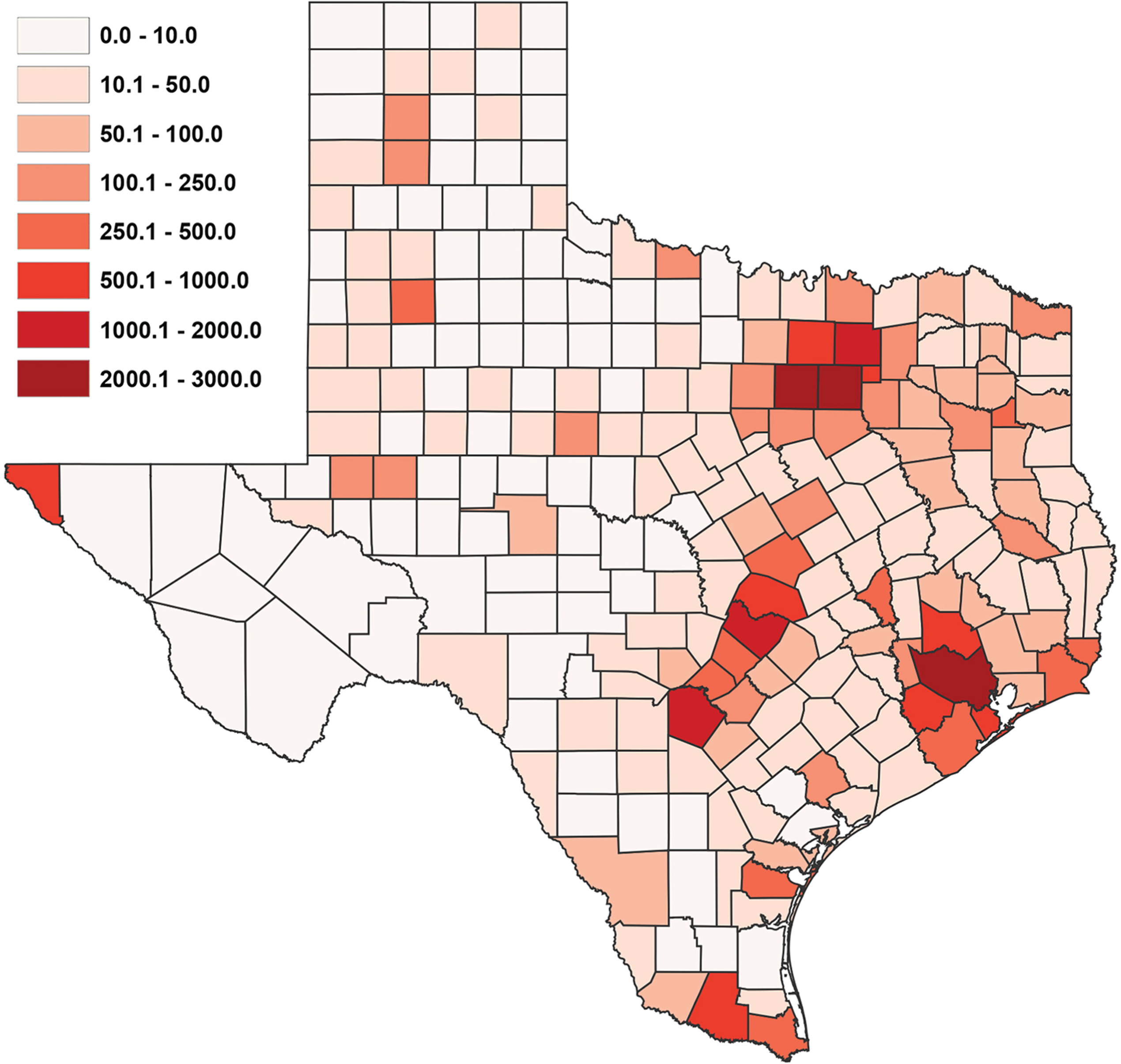 Texas Population Density by County Per Square Kilometer. Map Created by worldpopulationreview.com [10].