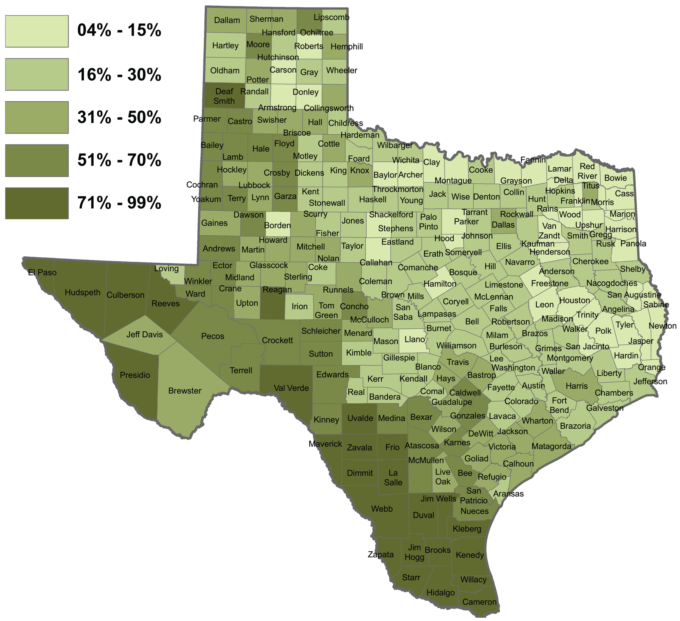Percentage Hispanic Population by Texas Counties. Map Created by the Texas Demographic Center [23].