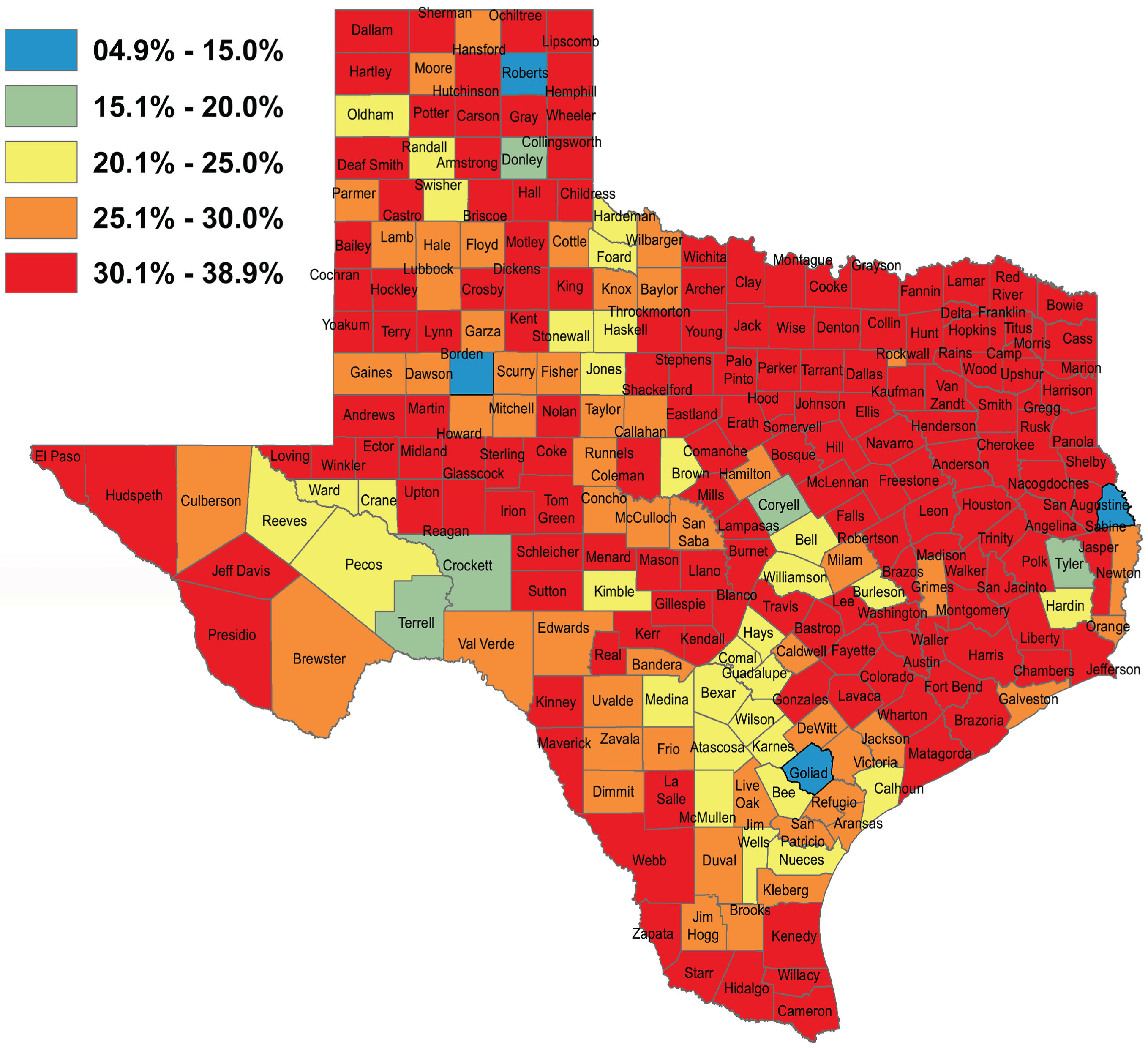 Percentage Hispanic Population Uninsured by Texas Counties. Map Created by the Texas Demographic Center [24].