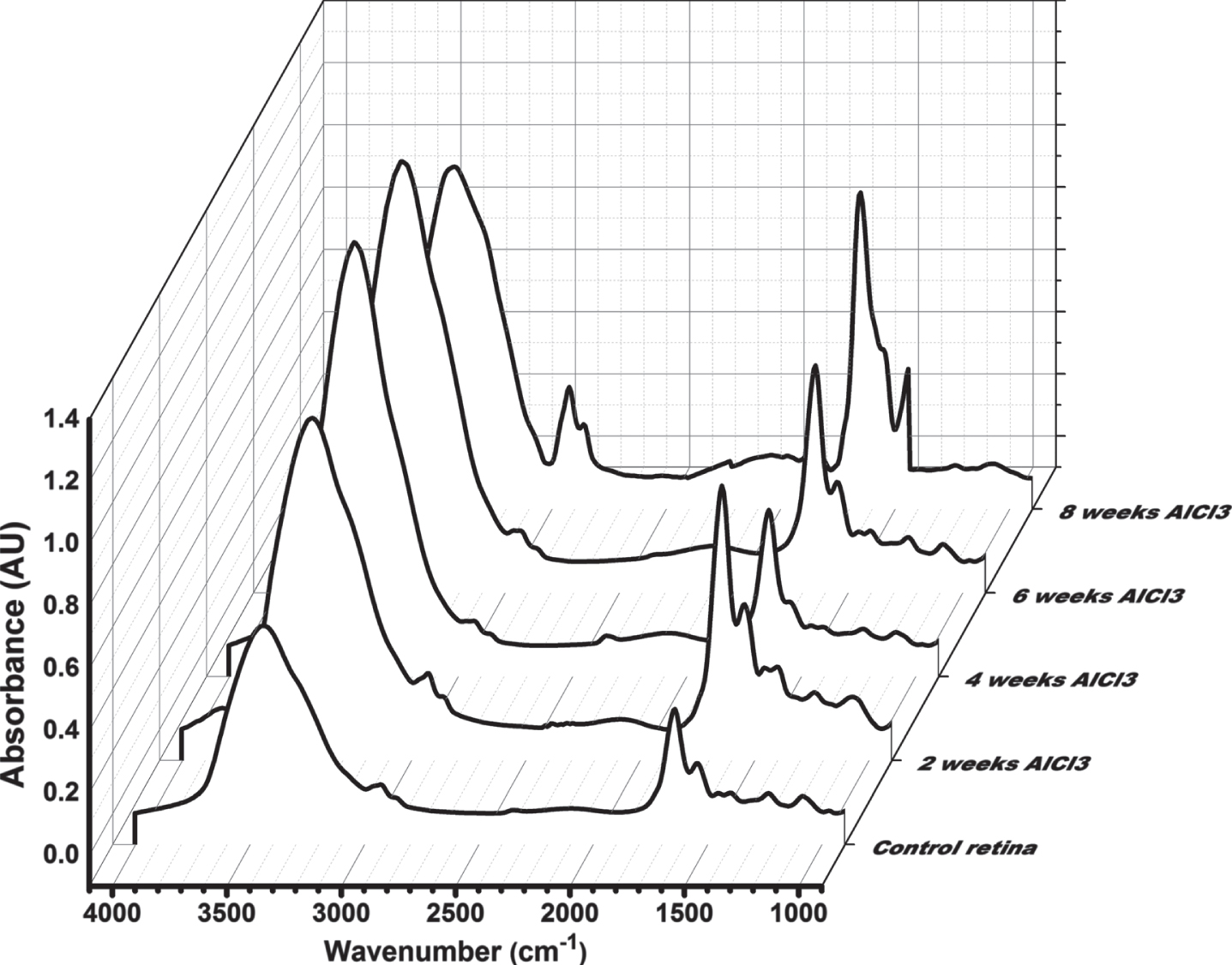 Over all FTIR spectra (4000-900 cm-1) of retinal tissue for all groups received AlCl3 compared to control.