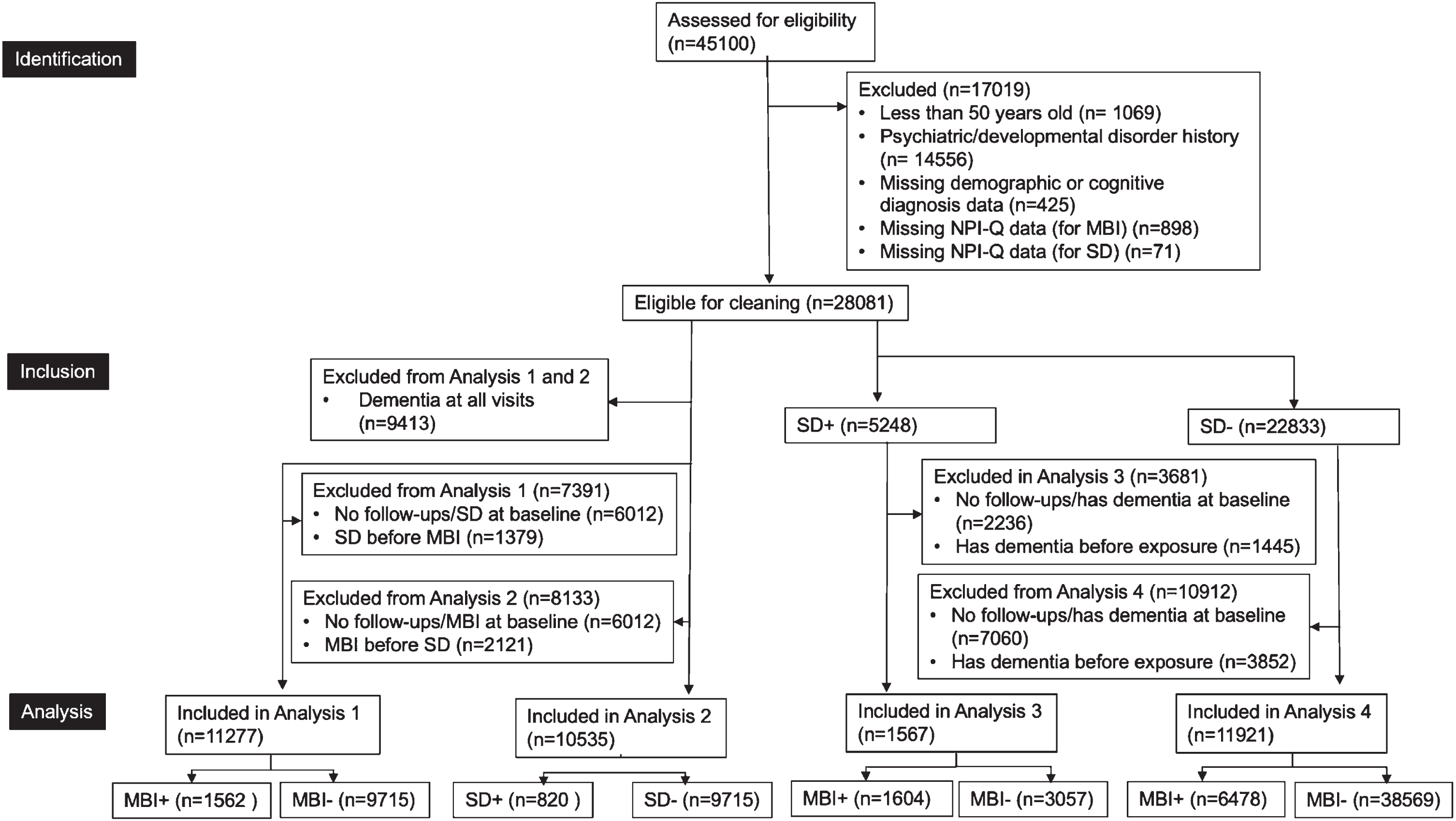 Participant Flow-Diagram. Analysis 1 examined whether baseline MBI was associated with incident sleep disturbance. Analysis 2 examined whether baseline sleep disturbance was associated with incident MBI. Analysis 3 explored whether baseline MBI was associated with dementia in those with sleep disturbance. Analysis 4 explored whether baseline MBI was associated with dementia in those without sleep disturbance. NPI-Q, Neuropsychiatric Inventory Questionnaire; MBI, mild behavioral impairment; SD, sleep disturbance.