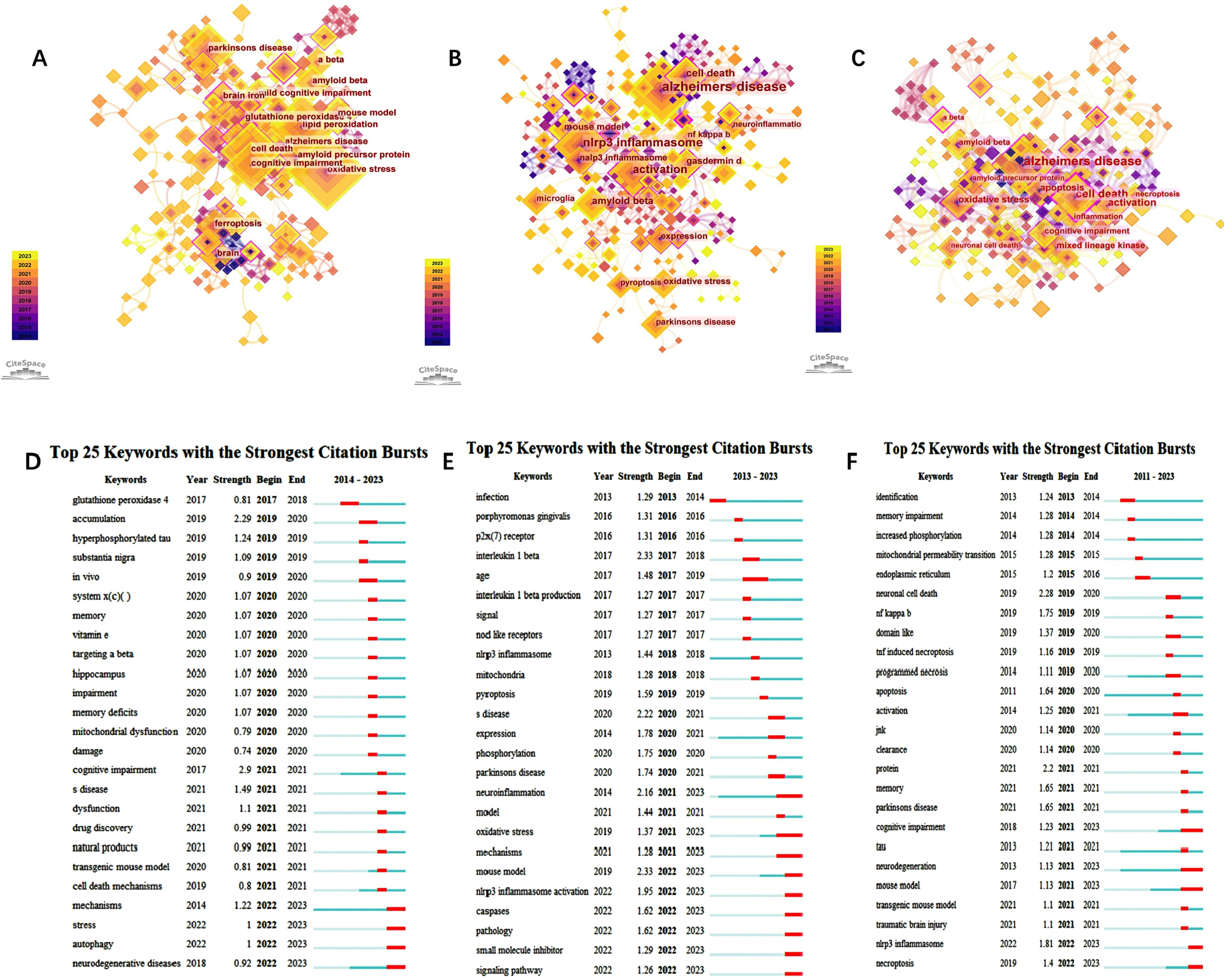 Visualization of keywords in “Ferroptosis in AD” (A), “Pyroptosis in AD” (B), and “Necroptosis in AD” (C). Burst keyword analysis in “Ferroptosis in AD” (D), “Pyroptosis in AD” (E), and “Necroptosis in AD” (F).