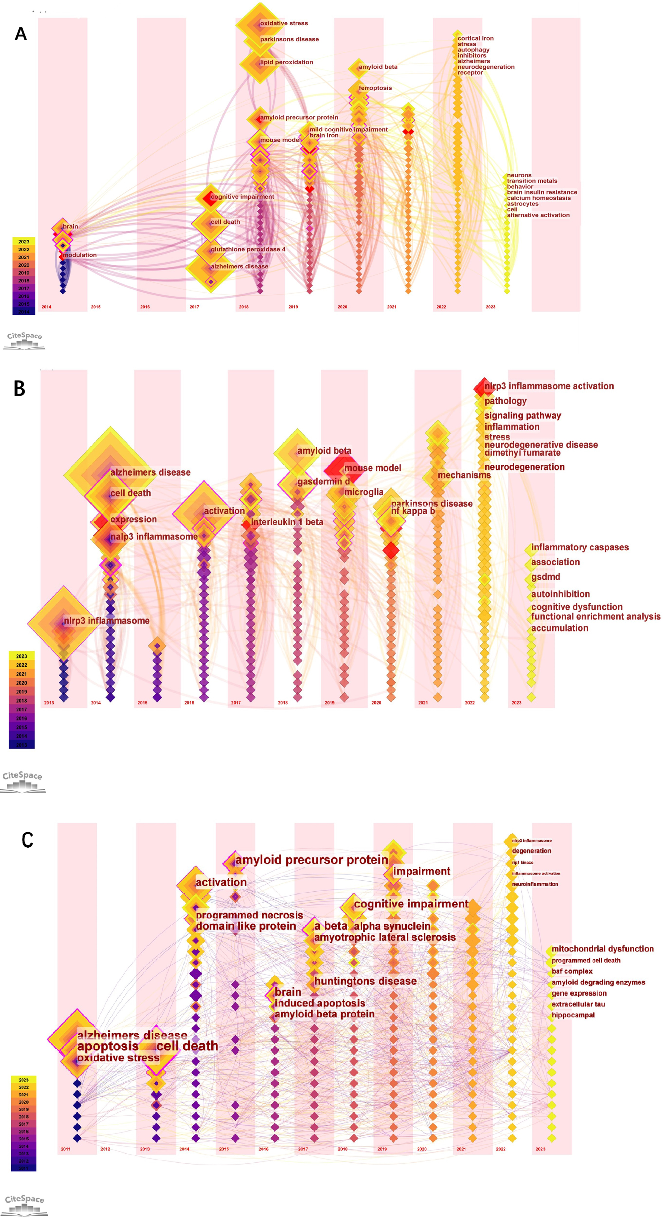 The keyword time zone map in “Ferroptosis in AD”, “Pyroptosis in AD”, and “Necroptosis in AD”.