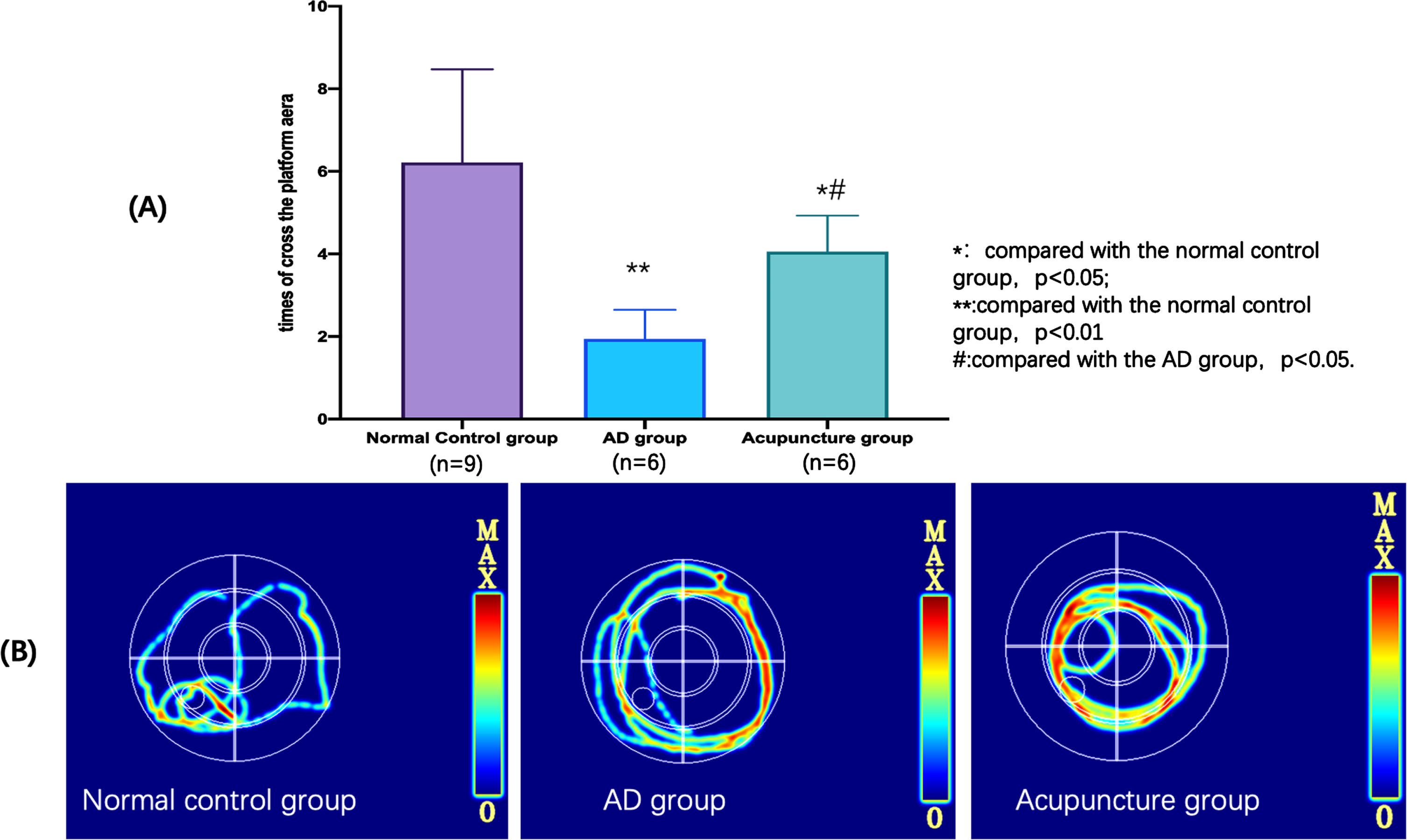 Results of spatial probe trial in the Morris water maze test. A) The differences of the times of crossing the platform region of each group in the spatial probe trial. B) The search strategy of each group in the spatial probe trial.