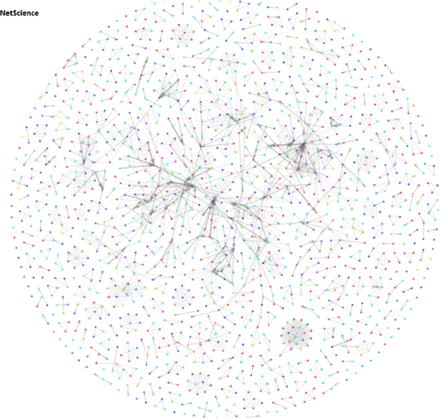 The visualisation of the NET_SCIENCE network; colours represent classes (labels). (Colors are visible in the online version of the article; http://dx.doi.org/10.3233/AIC-150686.)