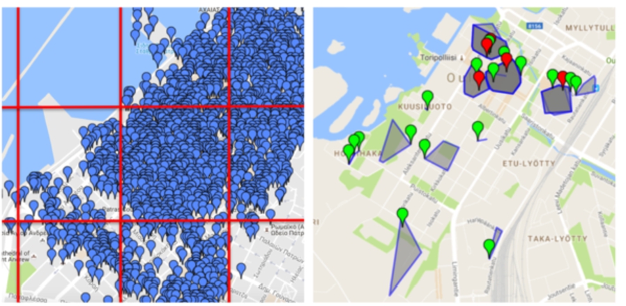 Visualisation of an urban area division by the RG (left) and SG (right) algorithms. The blue markers (left) show the location of venues retrieved from Foursquare. Markers on the right show the location of “reference” points for SG with green/red colouring to show venues that were successfully/unsuccessfully predicted.