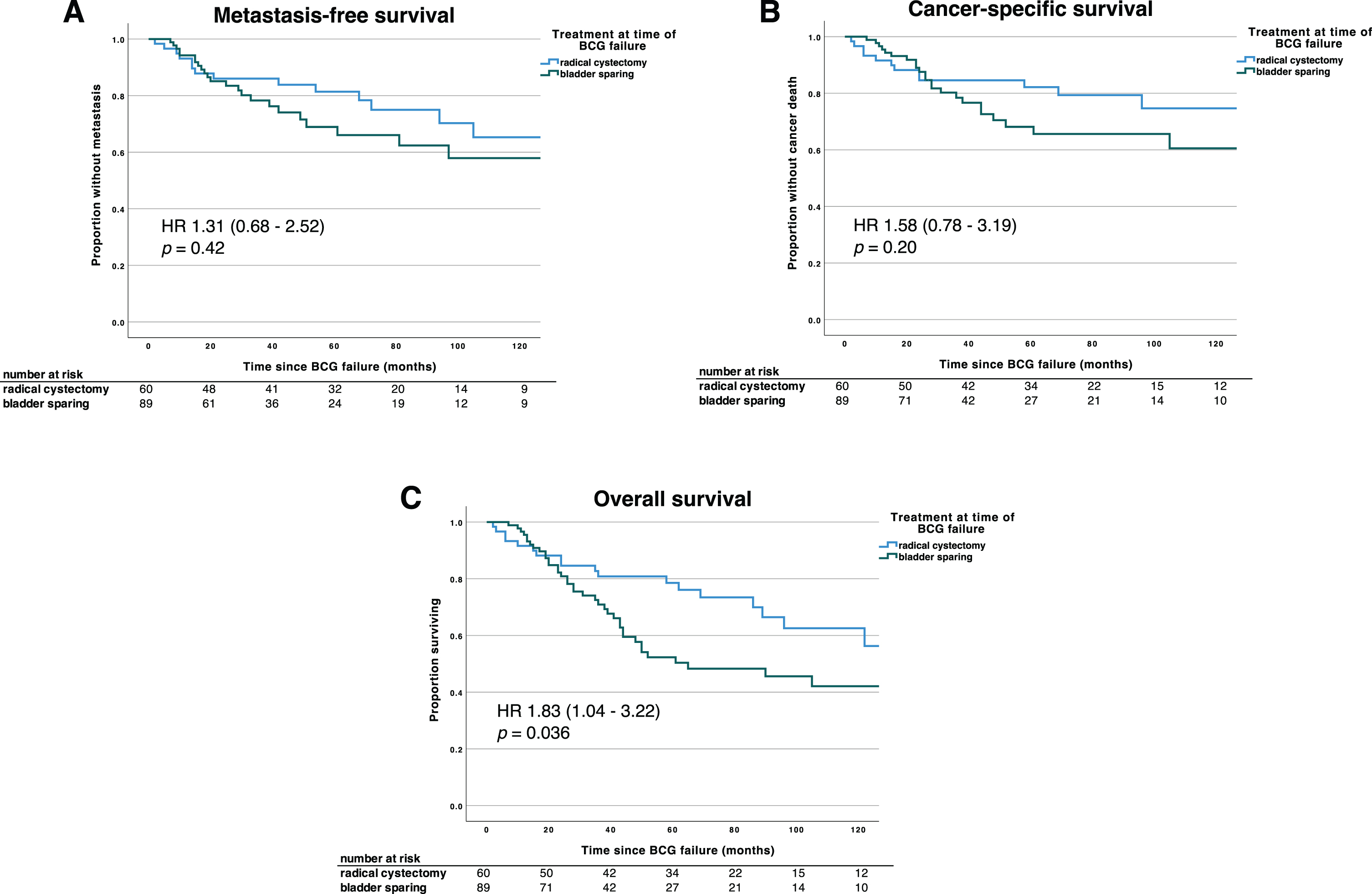 Oncologic outcomes of patients with BCG-unresponsive NMIBC. Kaplan-Meier curves showing metastasis-free (A), cancer-specific (B) and overall survival (C) of patients with BCG-unresponsive NMIBC opting for either upfront cystectomy or initial bladder-sparing management at the time of BCG unresponsive disease (“BCG failure”). Metastasis-free and cancer-specific survival did not differ significantly between the two groups (HR for MFS 1.30, 95% CI 0.68–2.52, p = 0.42; HR for CSS 1.58, 95% CI 0.78–3.19, p = 0.20), whereas overall survival was greater among patients undergoing initial RC (HR 1.83, 95% CI 1.04–3.22, p = 0.036). Abbreviations: BCG, bacillus Calmette-Guérin; CI, confidence interval; CSS, cancer-specific survival; HR, hazard ratio; MFS, metastasis-free survival; NMIBC, non-muscle invasive bladder cancer; OS, overall survival.