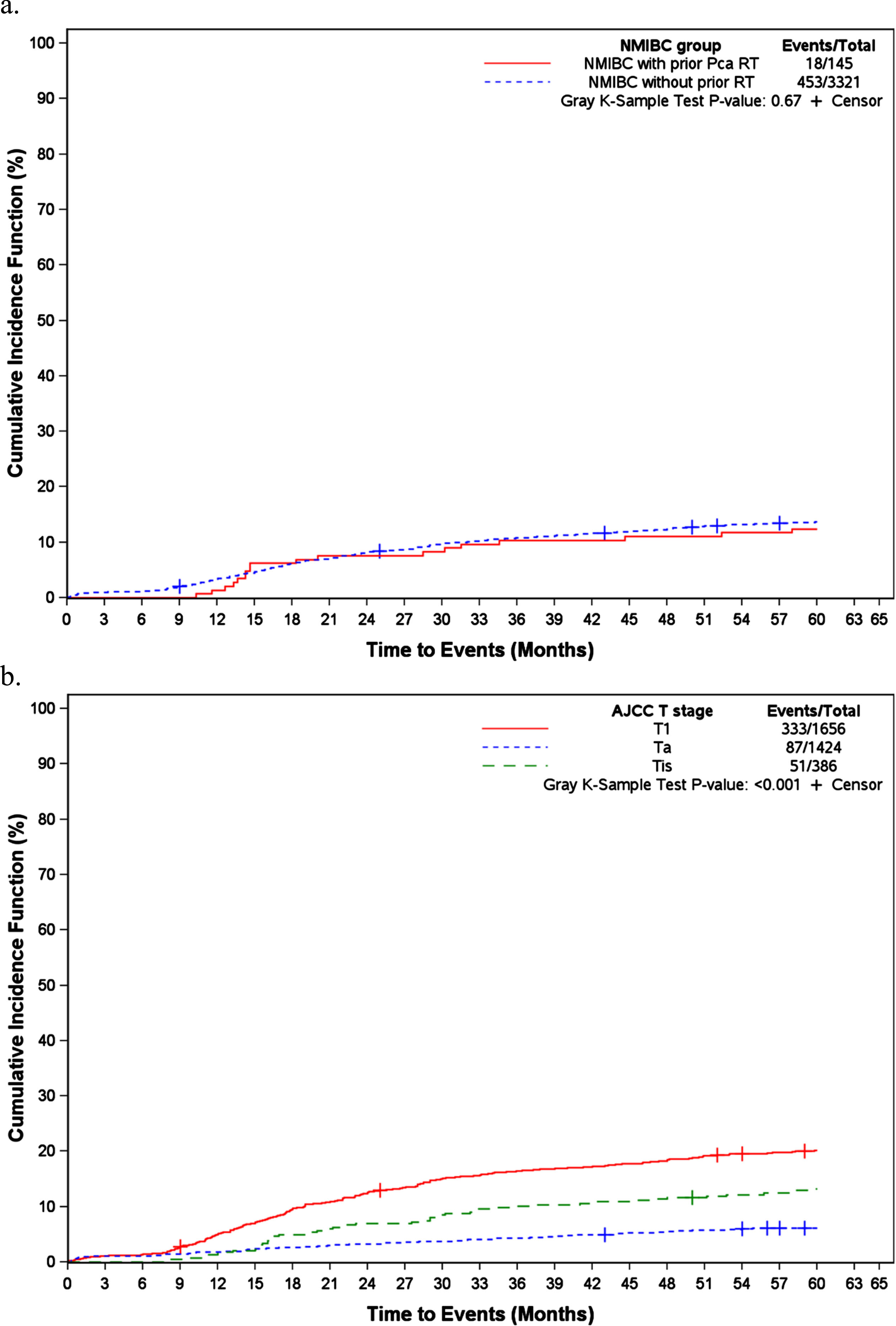 Cumulative Incidence Function of 5-Year Progression of NMIBC With Corresponding Plots at Each Time Point. A, NMIBC group. B, AJCC T stage. AJCC indicates American Joint Committee on Cancer; NMIBC, non–muscle-invasive bladder cancer; PCa, prostate cancer; RT, radiation therapy.