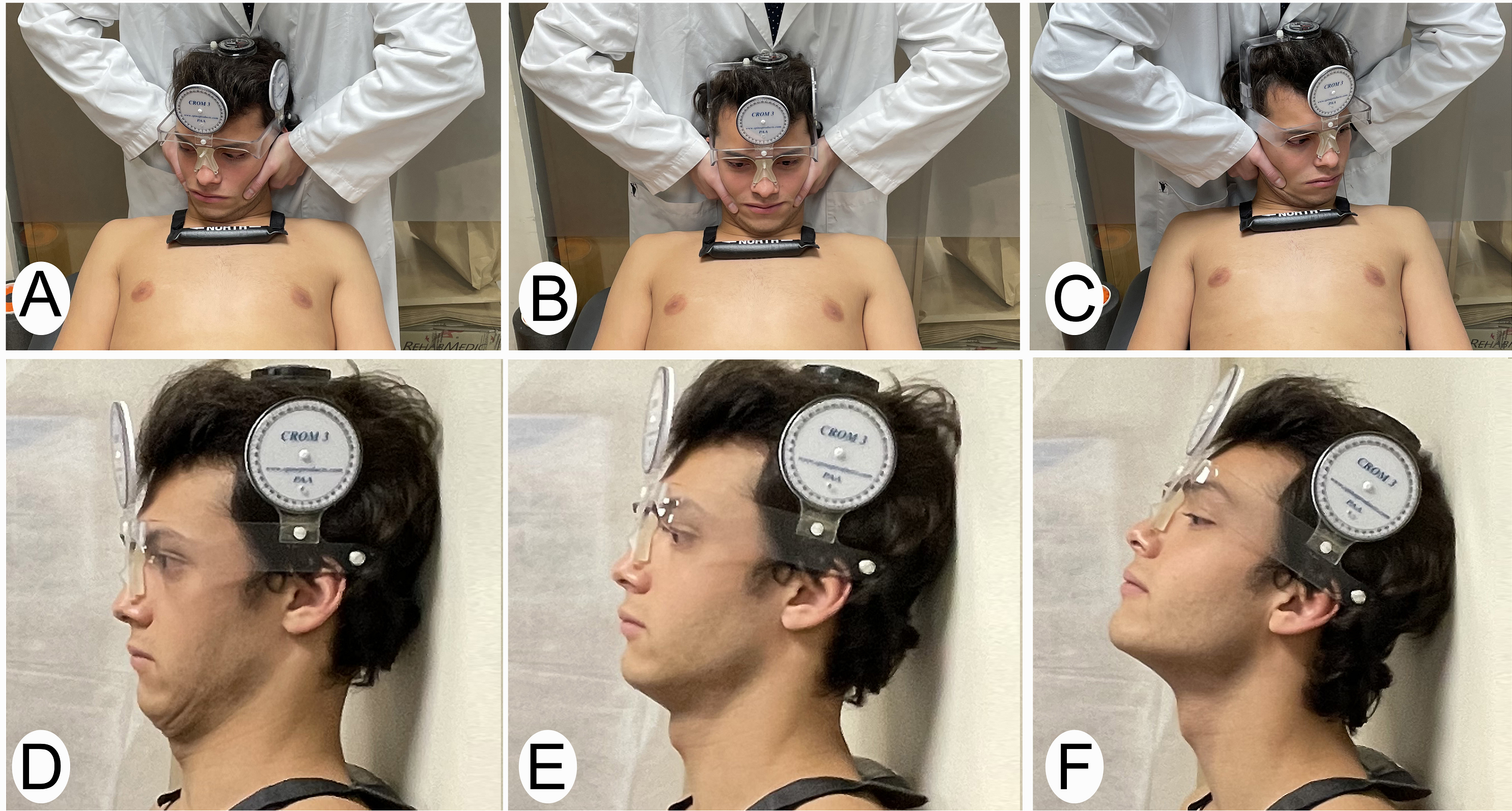 A, B, C) Sequence of flexion-rotation test to determine the most restricted side. A) Right rotation. B) Neutral position. C) Left rotation. D) Upper flexion movement. E) Neutral position. F) Upper extension movement.
