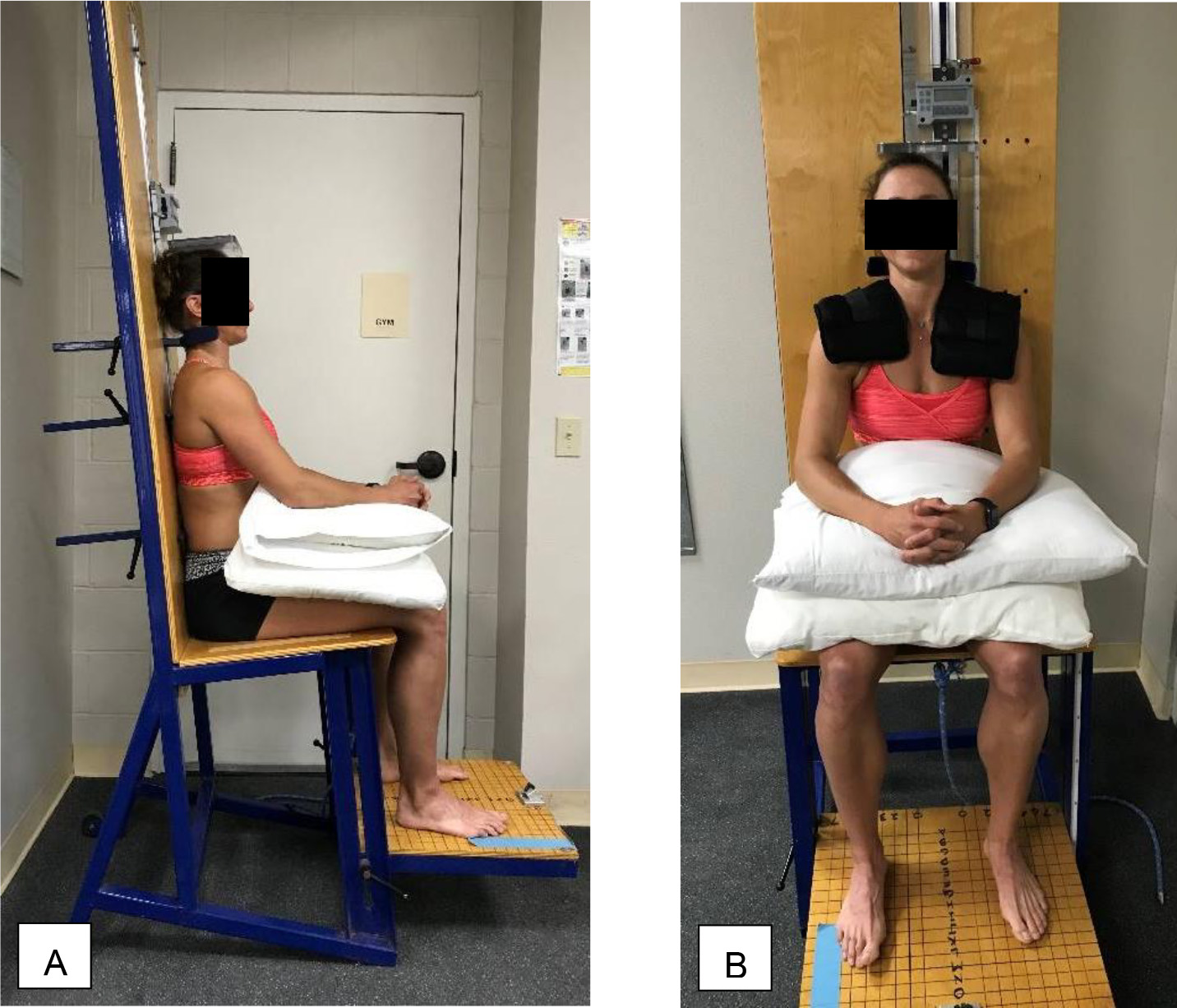 Position of participant – A: for spinal height measurement in stadiometer unit; and B: during spinal loading time in sitting with 5lb on each shoulder.