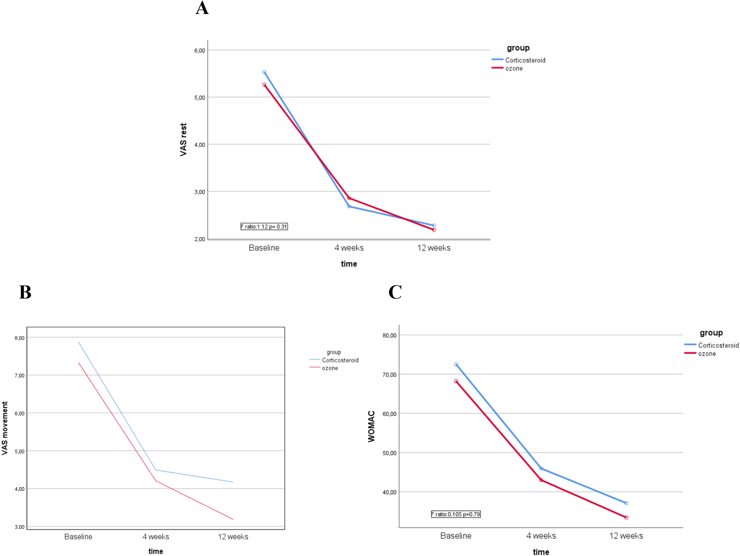 Change of the evaluation parametres throughout time in corticosteroid and ozone (O2-O3) groups on the basis of the repeated-measure analysis of variance (estimated marginal means are shown). (A) Visual analog scale (VAS rest). (B) Visual analog scale (VAS movement) (C) The Western Ontario and McMaster Universities Osteoarthritis Index (WOMAC).