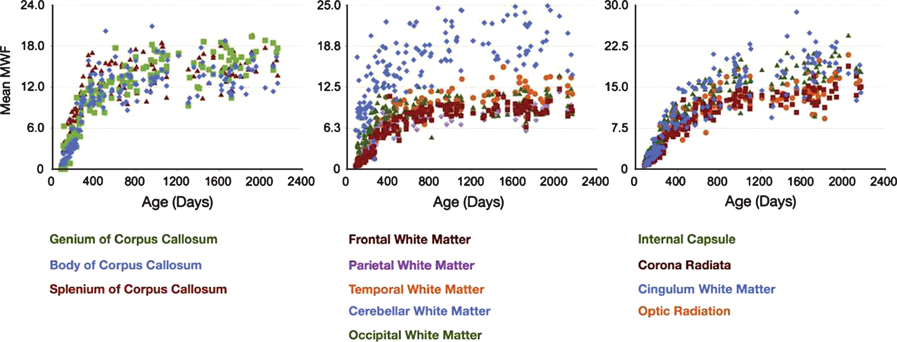 Gender-combined myelination trajectories for each white matter region and pathway spanning 83 through 2040 days of age. Points represent the mean values with error bars corresponding to the measurement standard deviation (Fig. 6, Deoni SC, Dean DC, 3rd, O’Muircheartaigh J, Dirks H, Jerskey BA. Investigating white matter development in infancy and early childhood using myelin water faction and relaxation time mapping. Neuroimage. 2012;63(3):1038-53).