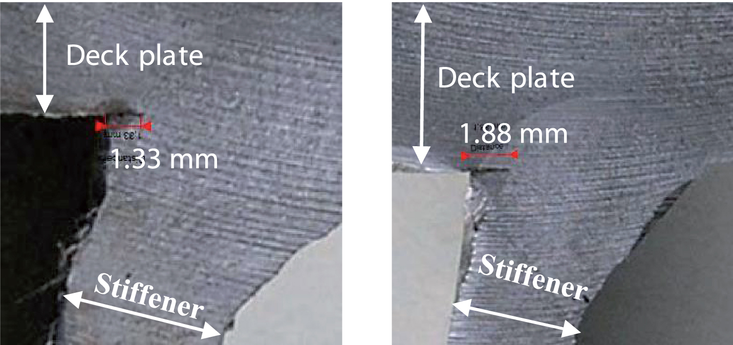 Weld macros of stiffener-to-deck plate weld.