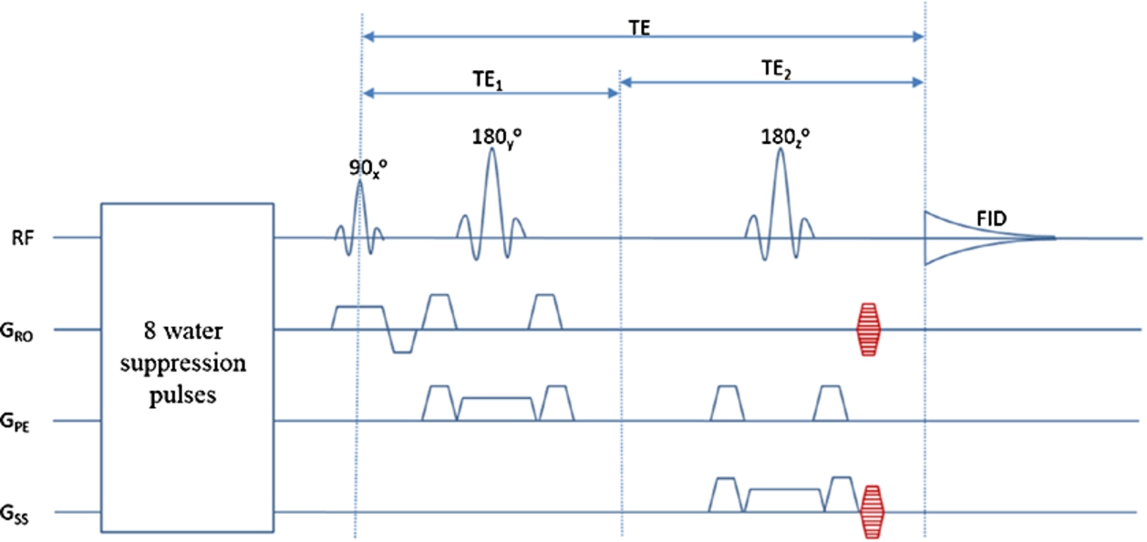 Schematics of the phase-encoded PRESS pulse sequence. Nine steps of phase-encoding gradients (red) were added in the left-right and anterior-posterior directions. RF: radio frequency; FID: free induction decay; TE: echo time.