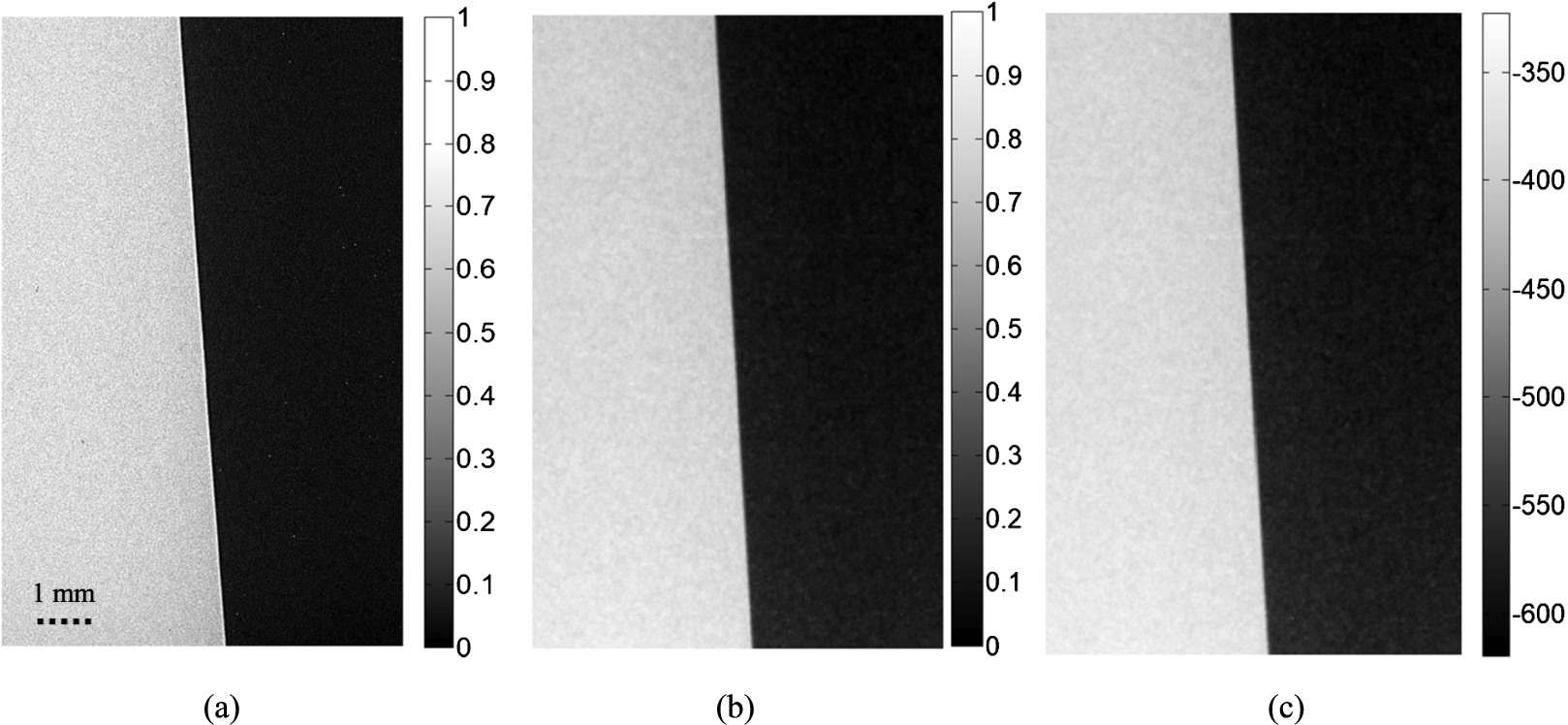 (a) phase sensitive image of the 50–50 slab-PMMA edge phantom acquired with the prototype (b) retrieved image (AKN2) processed with the PAD based method (c) phase retrieved map of the phantom with the color bar highlighting the retrieved phase values. For 2(a) and 2(b), the color bars highlight the normalized intensities in single-precision floating point numbers.
