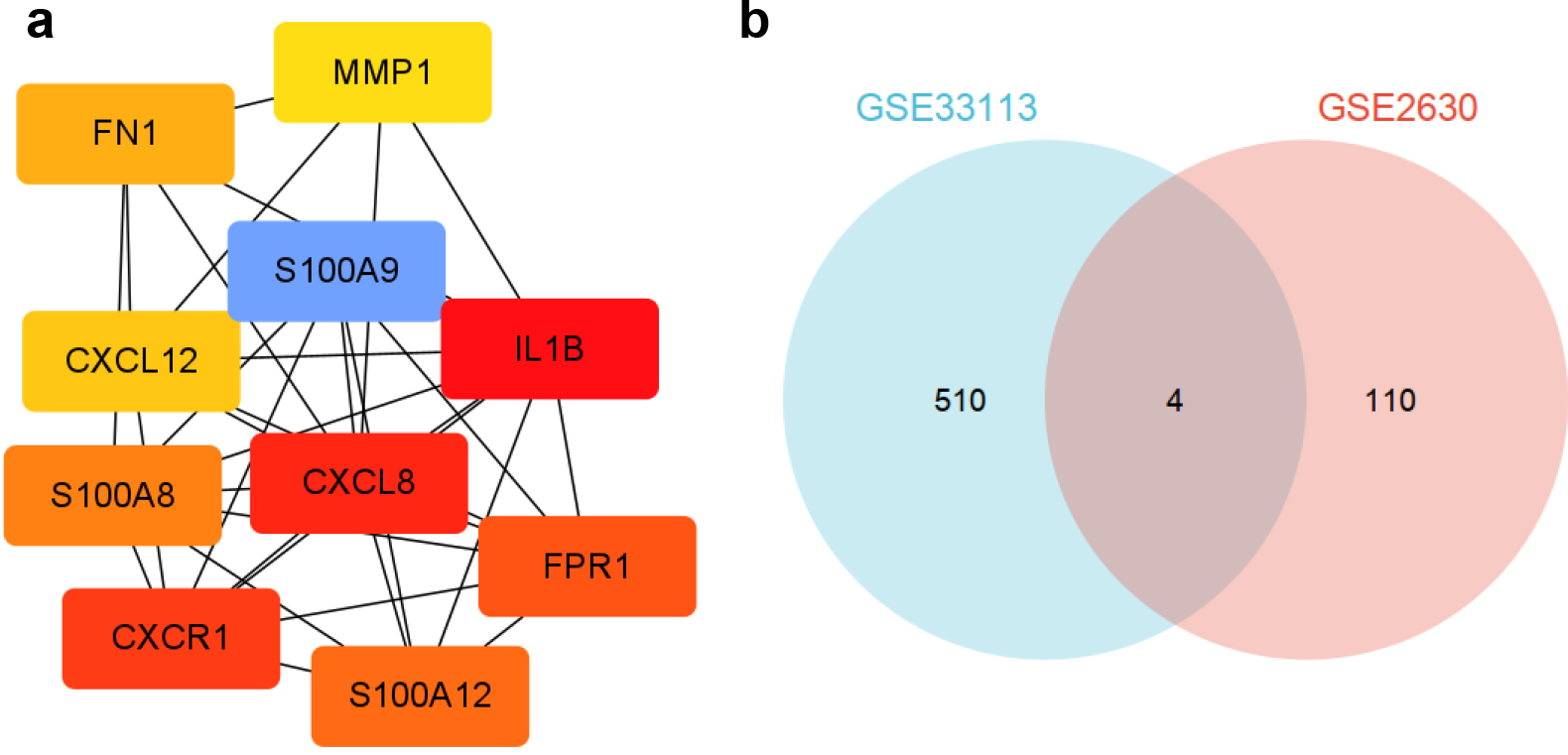 (a) 10 hub genes selected from PPI network. (b) The intersected DEGs of GSE33113 and GSE2690.