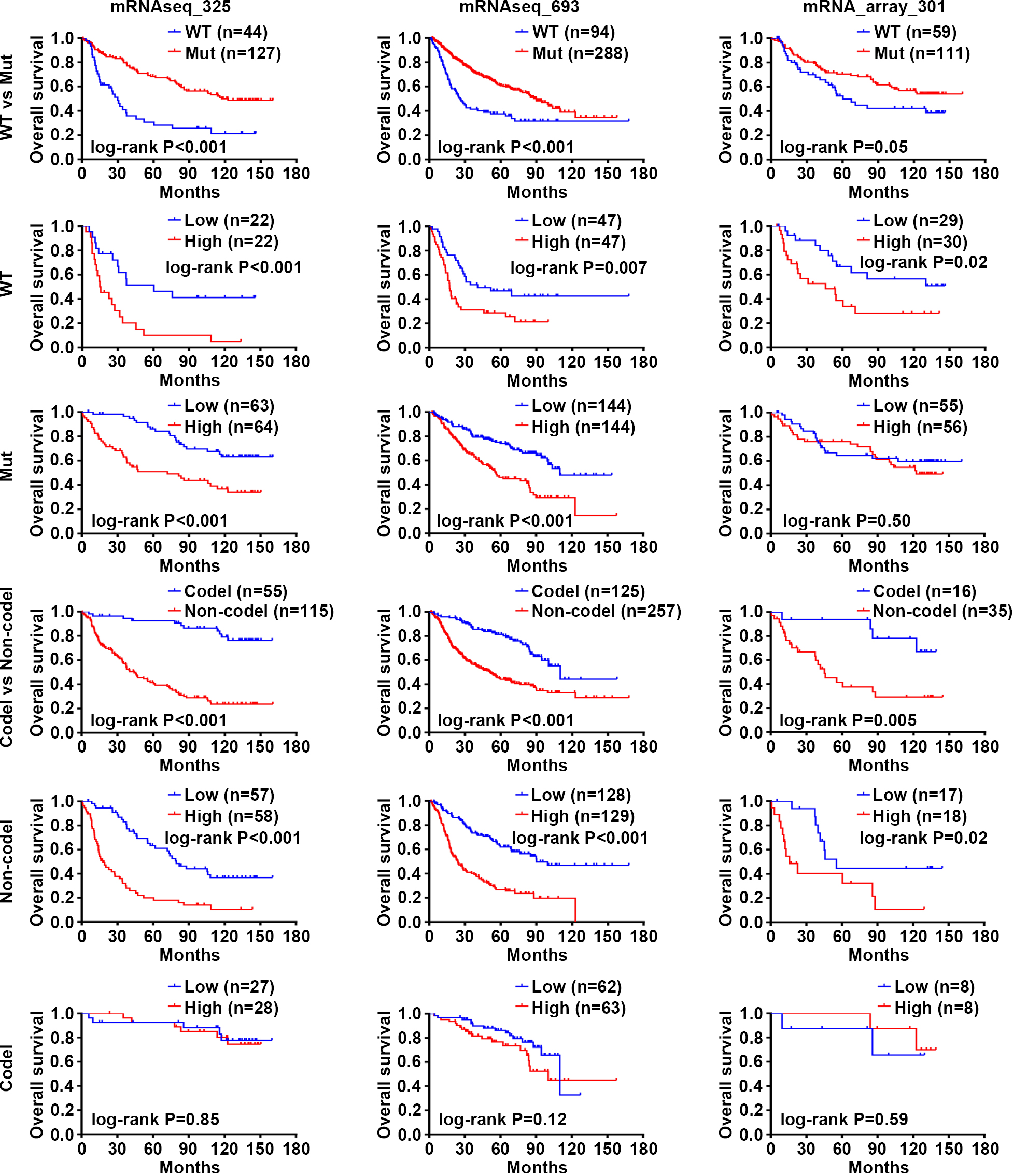 Prognosis analysis of WEE1 expression according to IDH mutation or 1p/19q codeletion status in LGG. Survival curves were used to analyze OS of patients with LGG from three datasets of CGGA database (Log-rank test). WT, wildtype; Mut, mutant; Codel, codeletion; Non-codel, Non-codeletion.