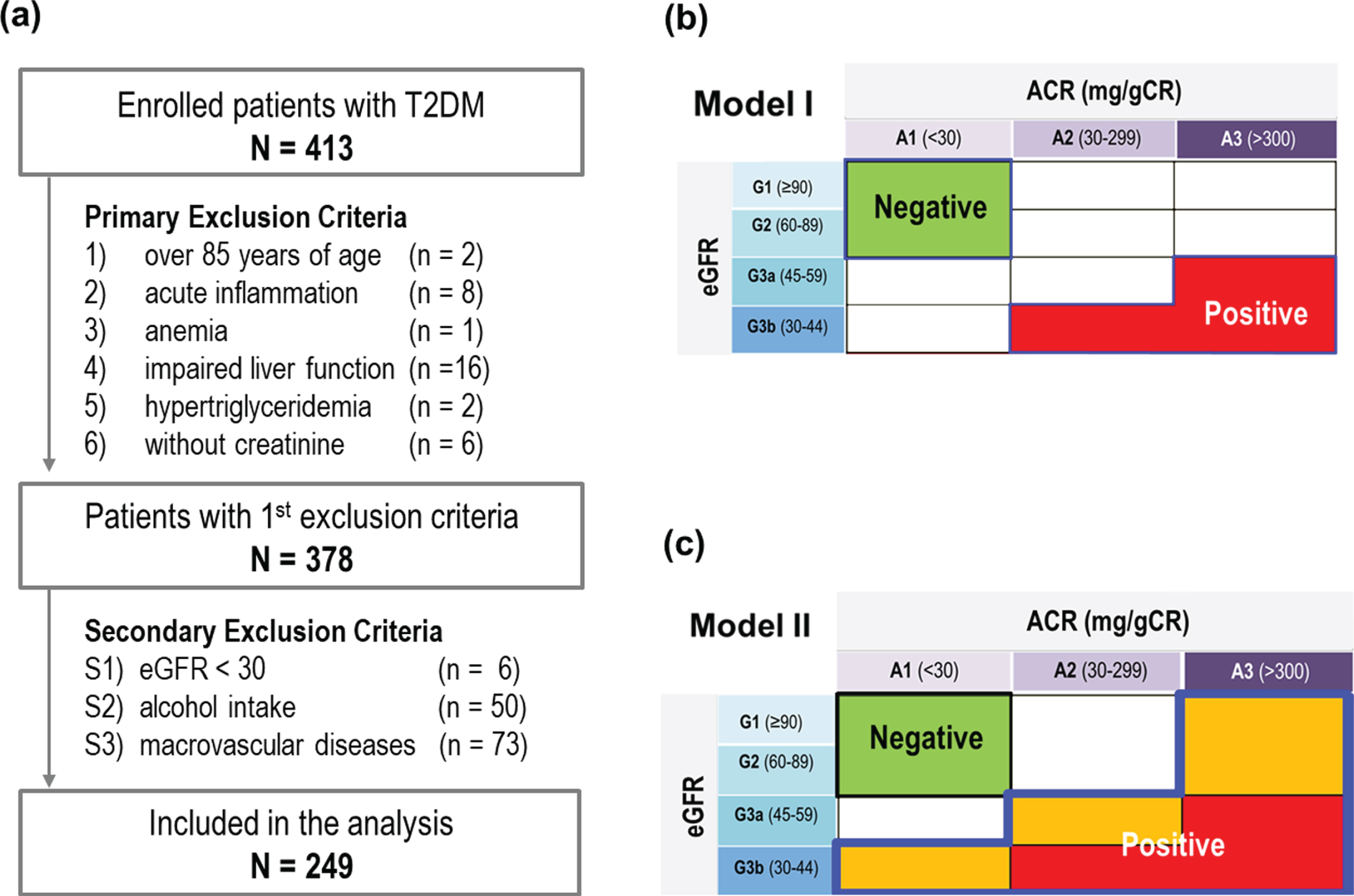 (a) Patient selection with exclusion criteria for optimal outcomes; (b)Comparison models used to assess the diagnostic accuracy of CSS for CKD; (a) Model I comparing the green and red zone, (b) Model II comparing the green and combination of orange and red zones.