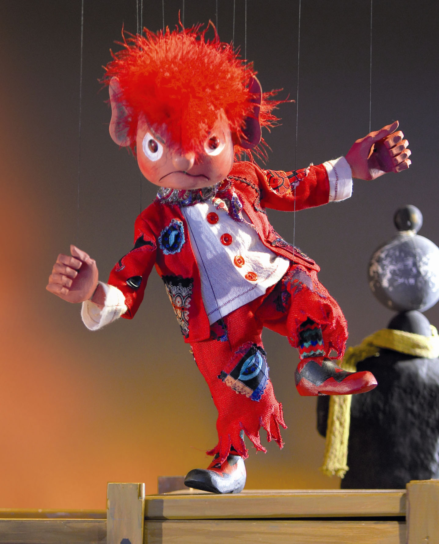 Protagonist “Zornibold”, representing the basic emotion “anger” of the interactive story ‘Puppet in the Box Story’ (the puppets were manufactured by the Augsburger Puppenkiste). *Image and copy rights: Papilio gGmbH
