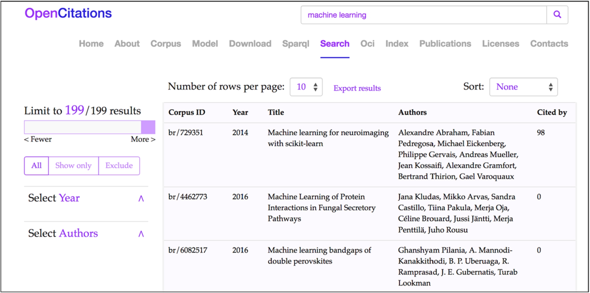 The Results interface of OSCAR for the OCC: the results shown are those obtained after the application of a free-text search using the string ‘machine learning’ (http://opencitations.net/search?text=machine+learning). Each row represents a bibliographic resource, while the fields represent (from left to right): the resource identifier in the OpenCitations Corpus (Corpus ID), the year of publication (Year), the title (Title), the list of authors (Authors), and how many times the bibliographic resource has been cited by other resources according to the data available in the OCC (Cited by).