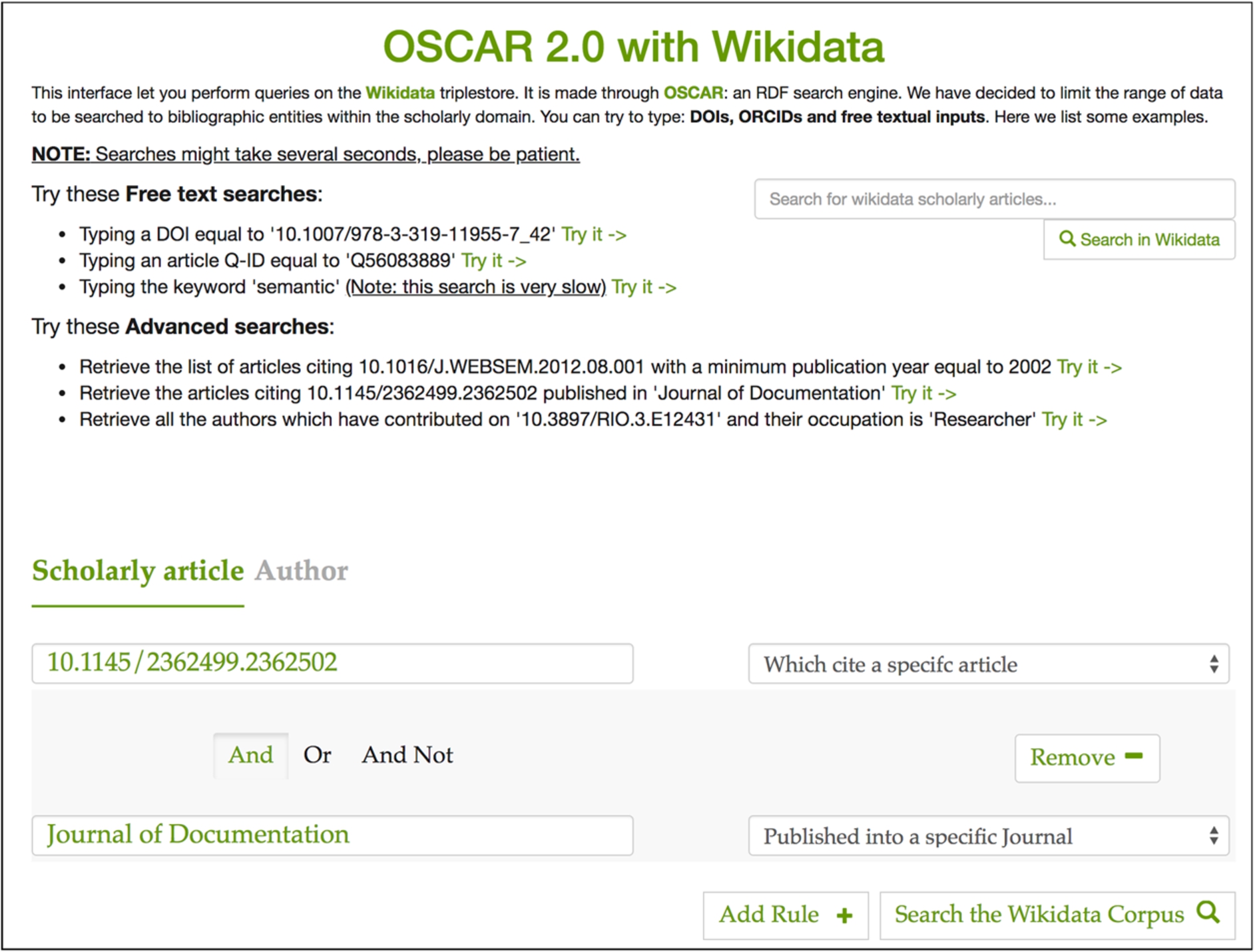 The OSCAR interface for querying the Wikidata scholarly documents. On the top right of the page we have an input box for free-text search, while on the bottom we have a section dedicated to advanced search. The constructed query retrieves all the articlesciting “10.1145/2362499.2362502” published in “Journal of Documentation”.