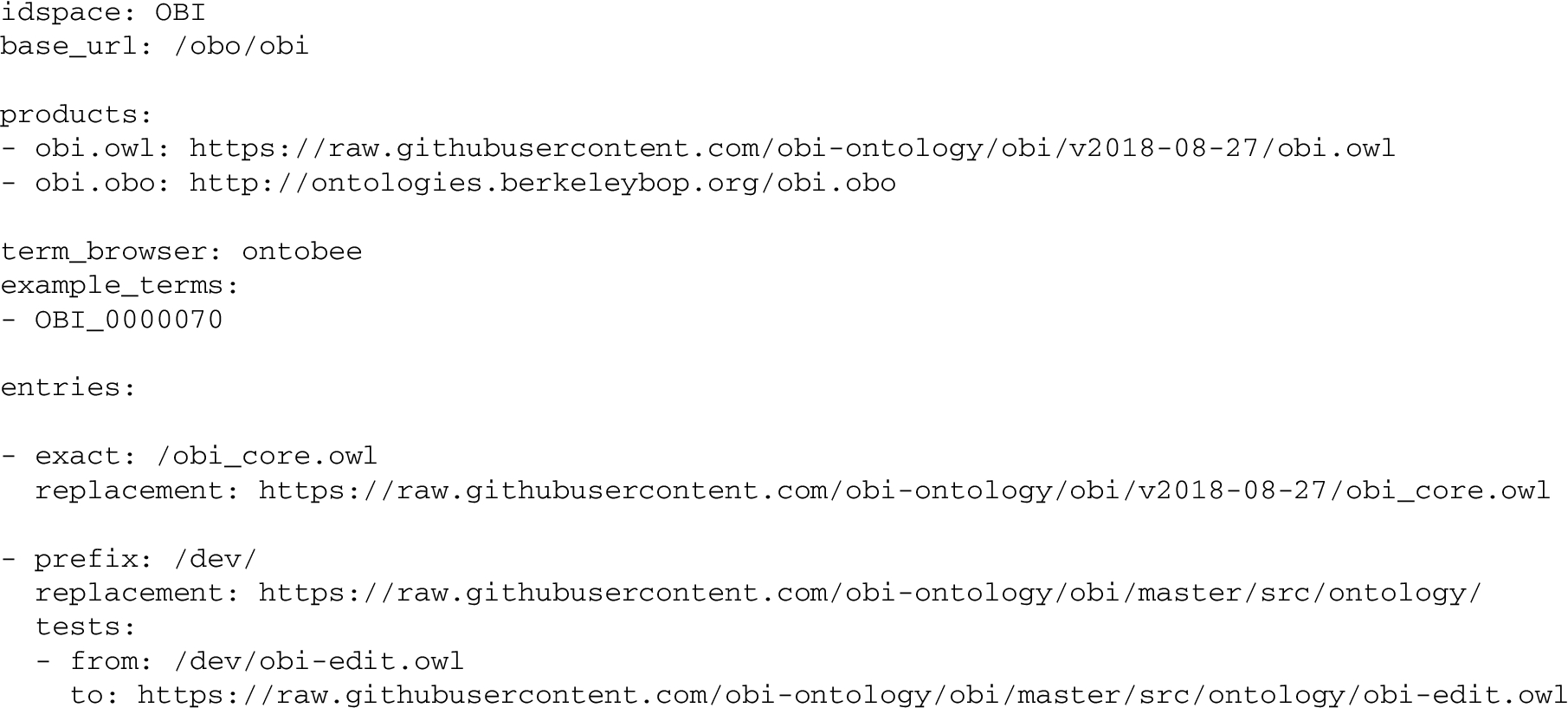 Exerpt from the YAML configuration file for OBI, showing all required PURL configuration information