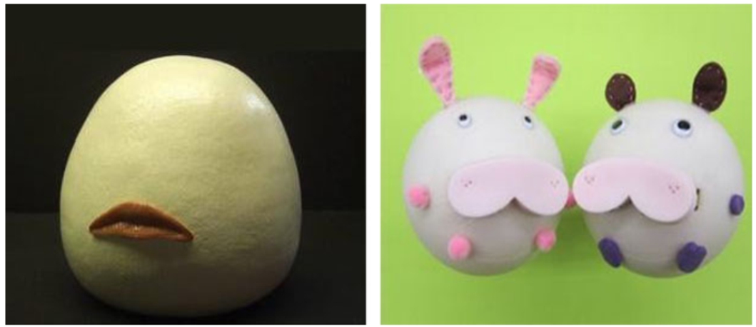 Left: first version of Kissenger was a head-shaped device with a realistic pair of lips. Right: second version of Kissenger was designed to look like a cute animal character with soft silicone lips.