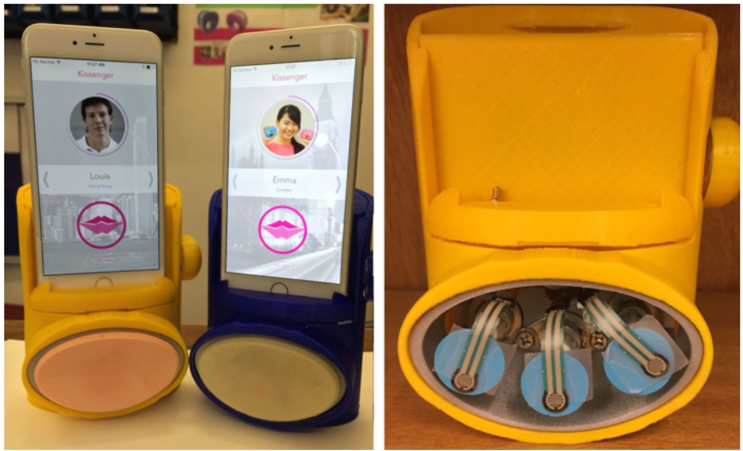 Left: a pair of prototypes of the Kissenger device was designed and implemented with iPhone 6 Plus. Right: the force sensors and linear actuators beneath the fleaxible lip cover.