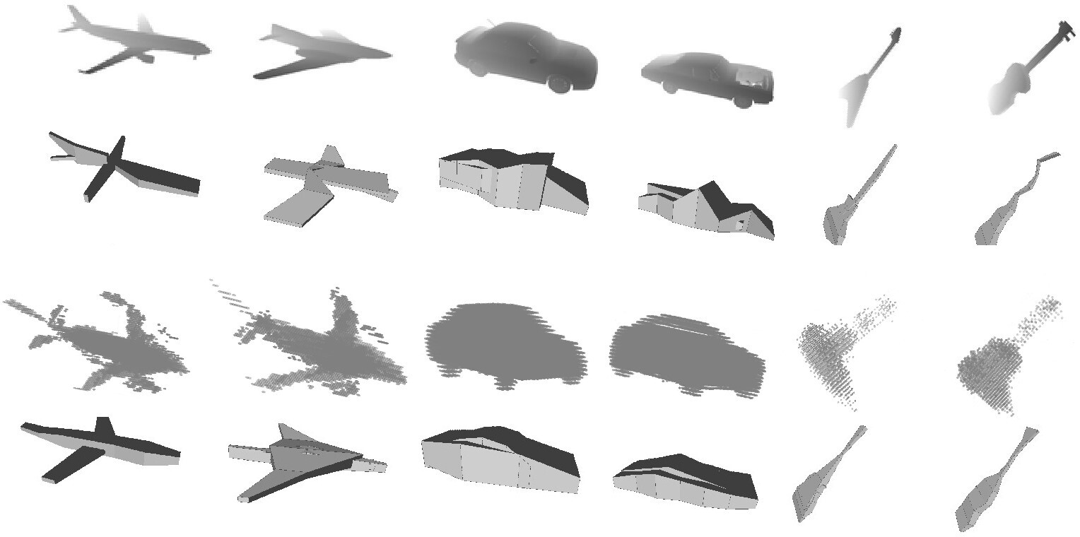 Qualitative results of our method, RL-based baseline [1] and GAN-based baseline [22]. The first row shows the target images. The second row and the third row show the mesh results of RL-based baseline and the voxel results of GAN-based baseline separately. The last row is our mesh results.