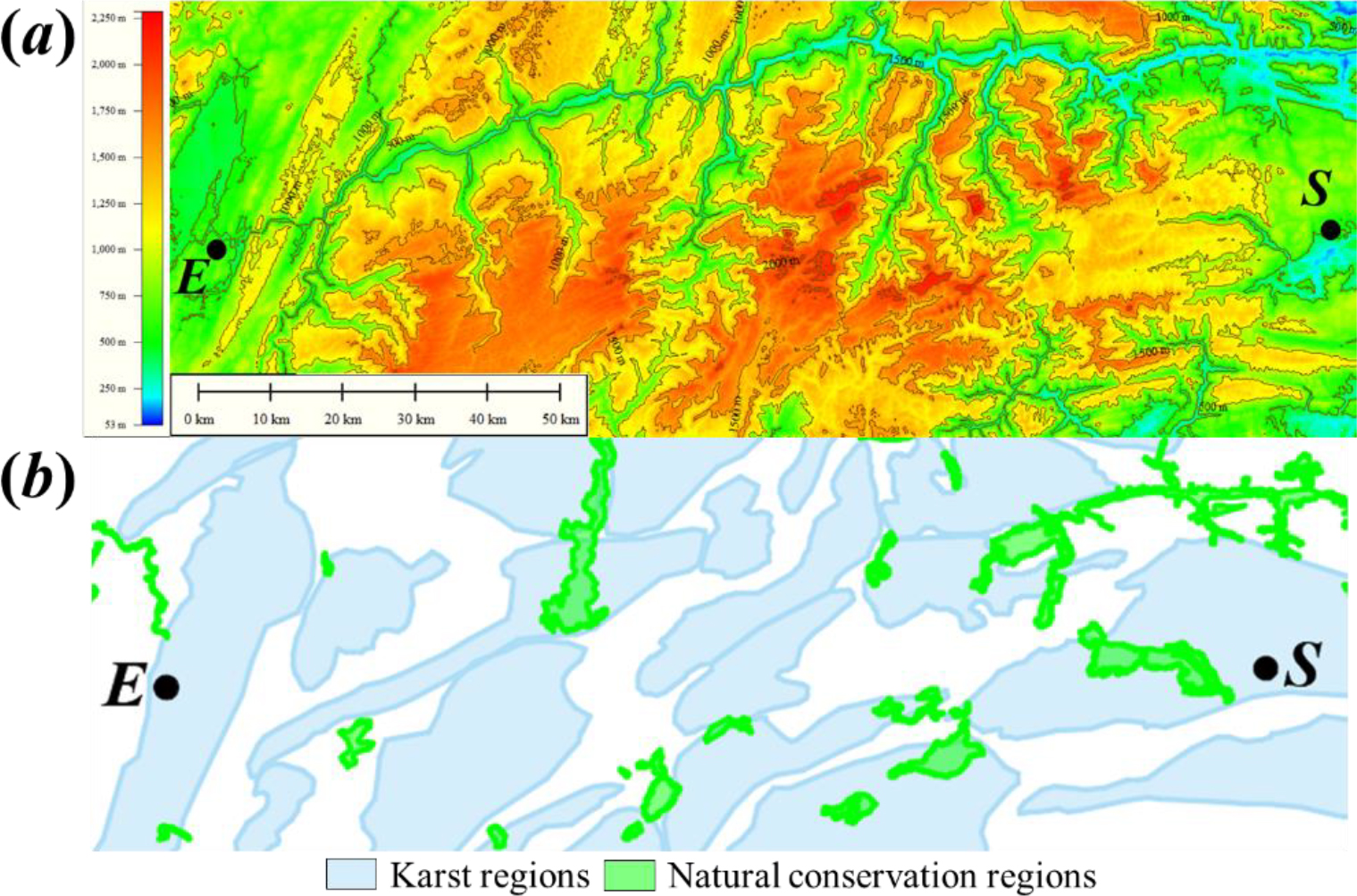 (a) The terrain and (b) the geology maps of the study area.