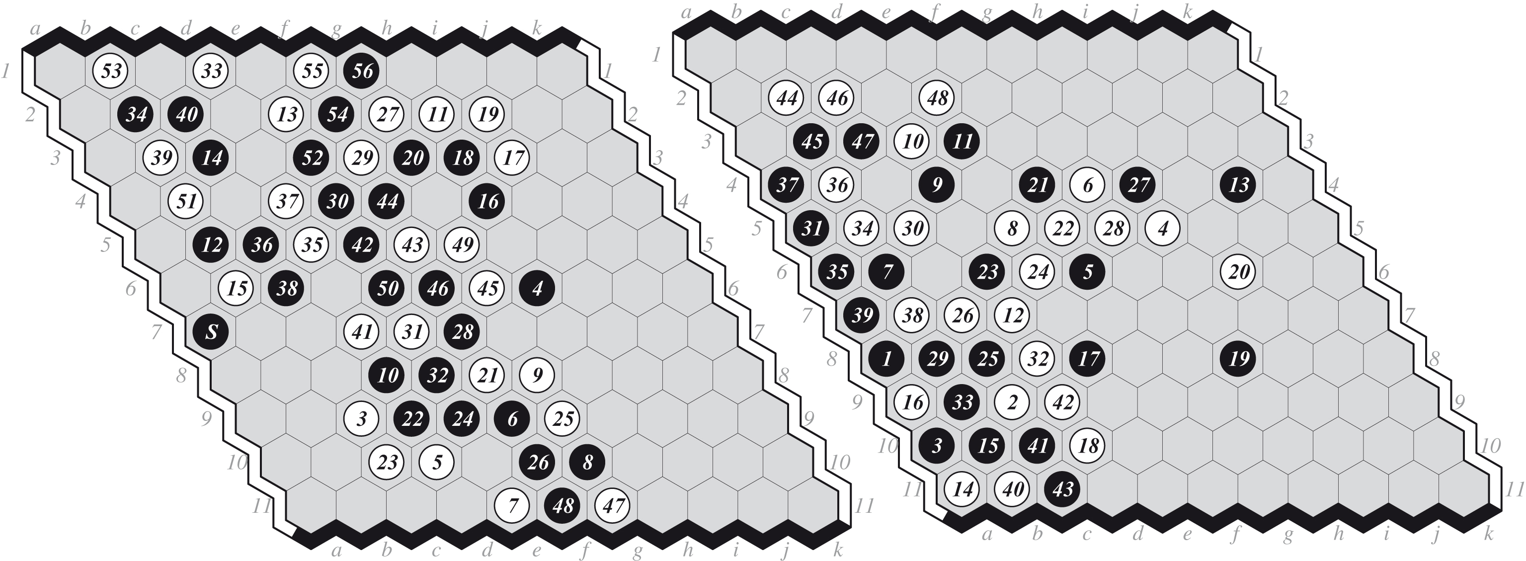 (a) Game 1: EZO-MOHEX 0-1, and (b) Game 2: DEEPHEX-EZO 1-0.