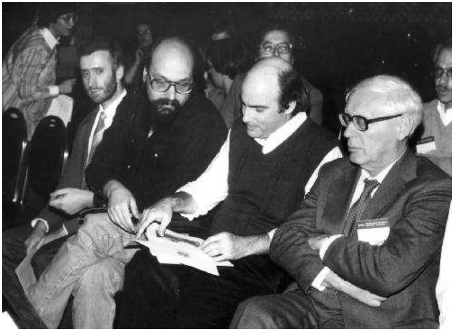 Yesterday – big trees to search. Seated from left to right: Don Beal (computer chess researcher), Ken Thompson, Monty Newborn, and Mikhail Botvinnik (former World Chess Champion). World Computer Chess Championship, New York, November 1983. Photo gifted to the Computer History Museum by Monty Newborn.
