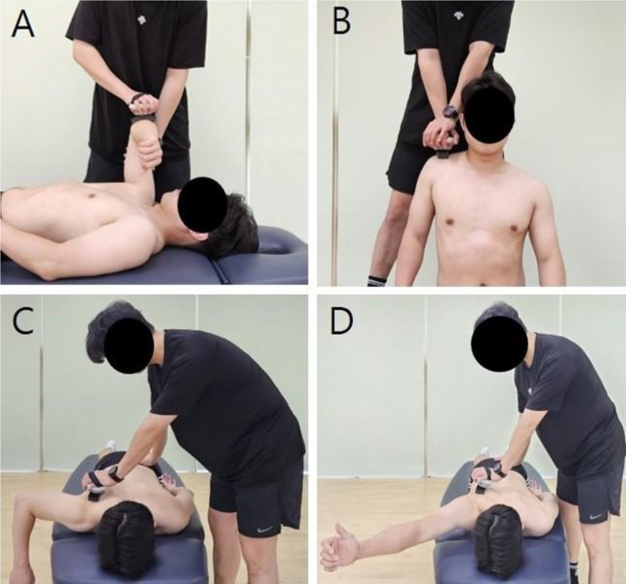 Techniques for measuring the strength of muscles around the scapula: serratus anterior (A), upper trapezius (B), middle trapezius (C), and lower trapezius (D).