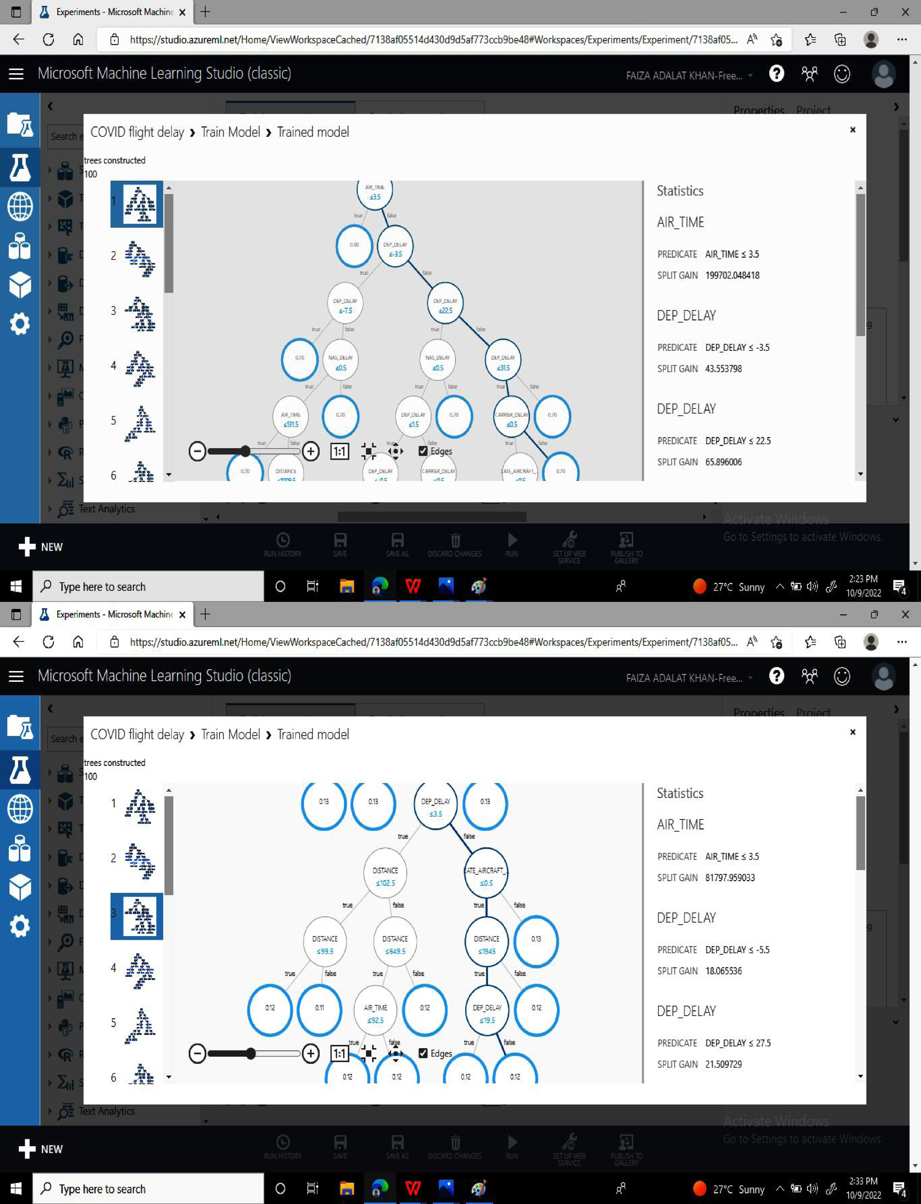 Two decision trees out of 100, by boosted decision tree regression.