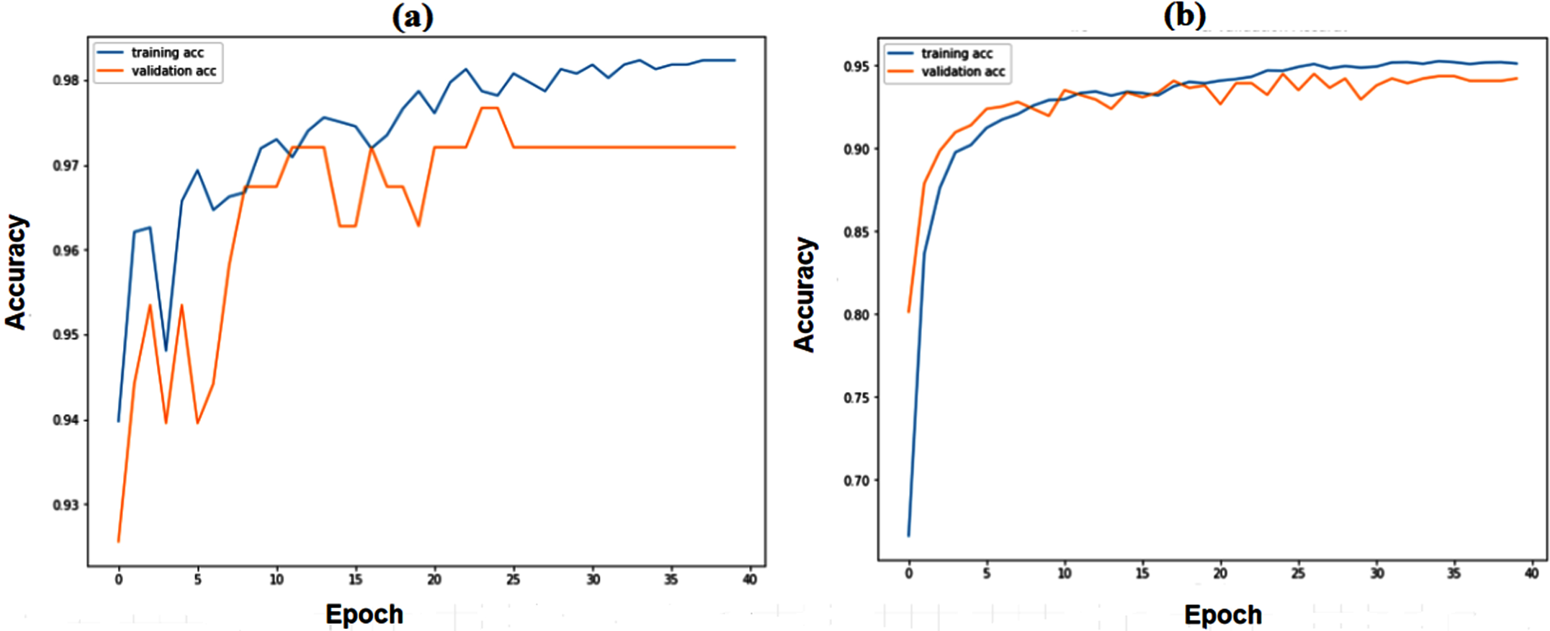 Training and validation accuracy of SCS-Net model (a) Binary Class (b) Multiclass.