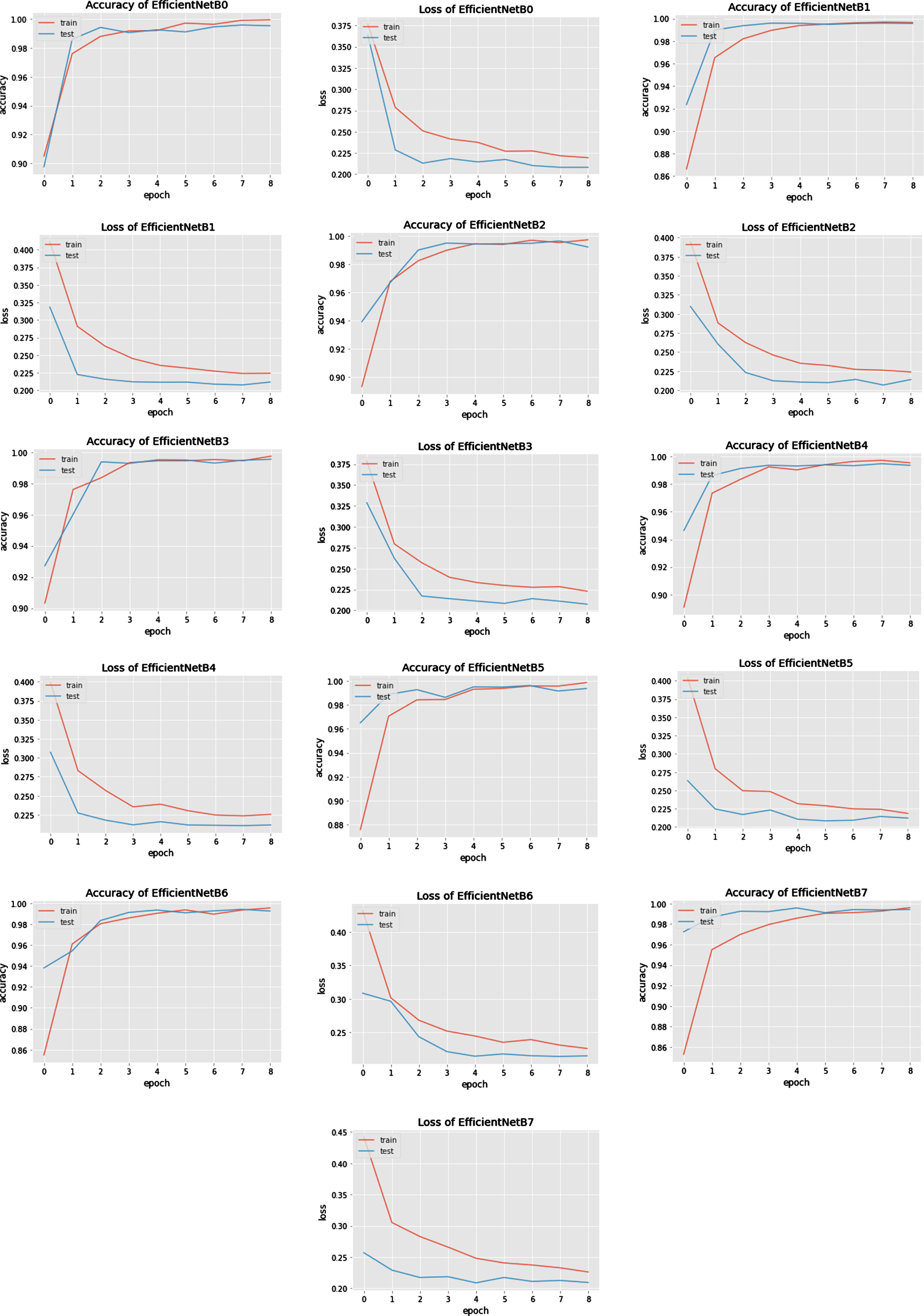 Accuracy and Loss curves of EfficientNets from B0 to B7 during the training process.