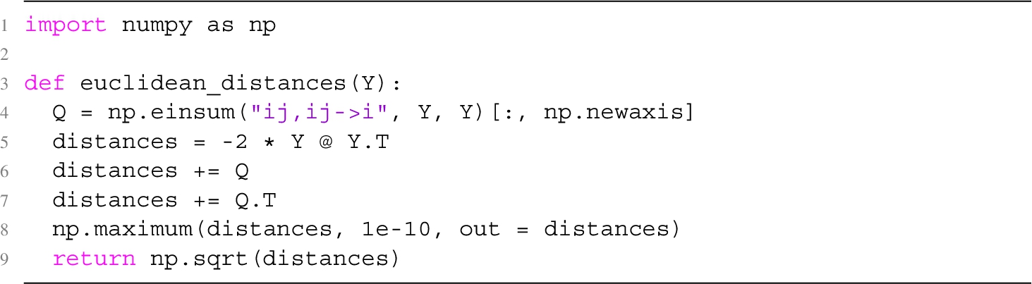 Python function code for calculating distance matrix.