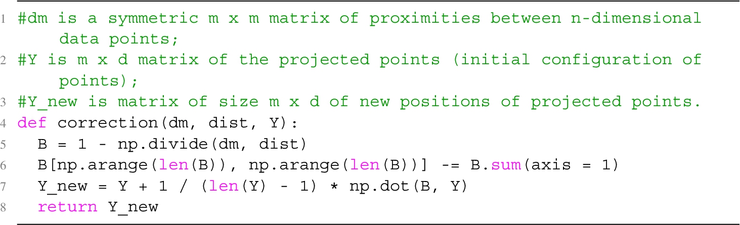 Python function code for calculating new points Y∗={Y1∗,…,Ym∗} in a low-dimensional space using Geometric MDS.