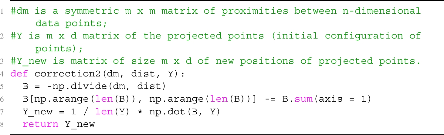 Python function code for calculating new points Yˆ∗={Yˆ1∗,…,Yˆm∗} in a low-dimensional space using SMACOF (optimized version of SMACOF, referred to as SMACOF-Fast).