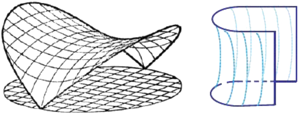 Two examples of the minimal surfaces: saddle surface (left) and soap film stretched on the wireframe.
