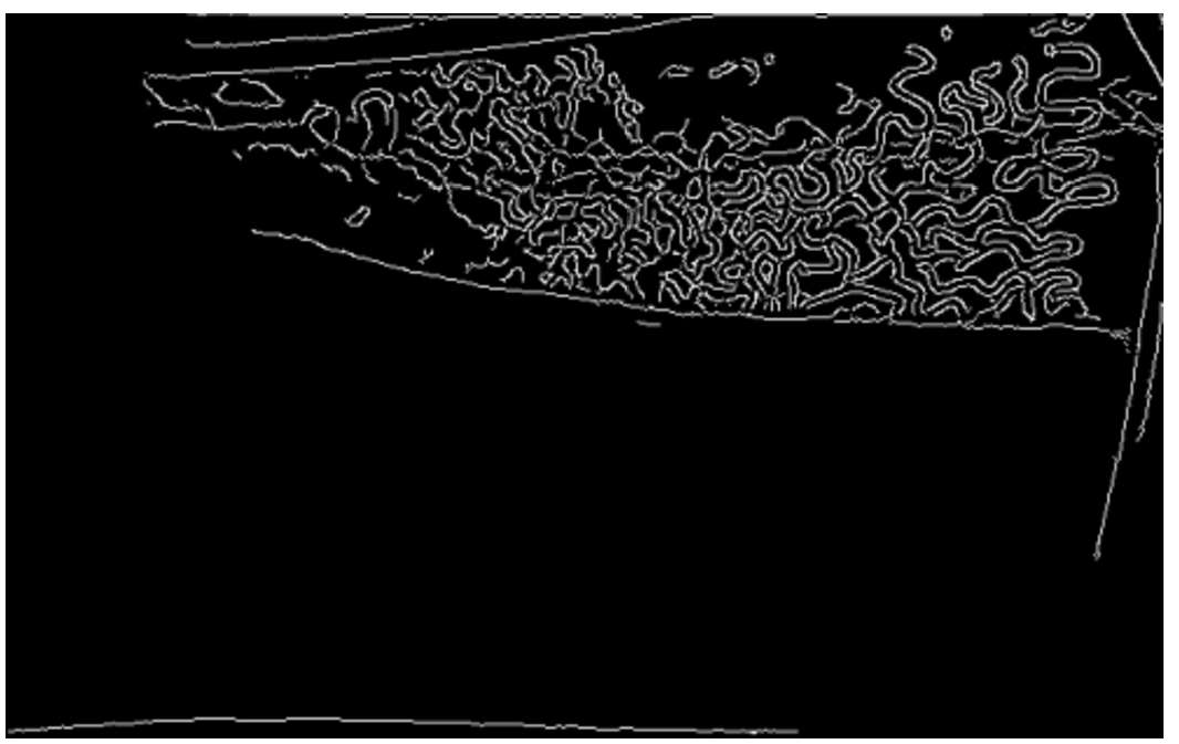 Waterline detection: result after applying the Canny edge detection. The random pattern drawn on the hull to improve the disparity map is only detected above water level. The waterline itself is clearly distinguished. The edges detected on the side of the frame and at the bottom of the image are removed using a mask.