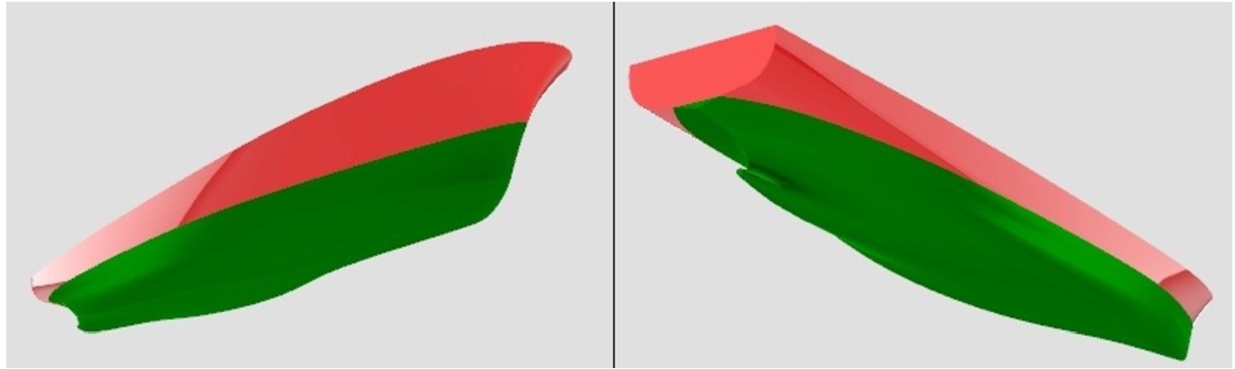 Parent hull shape without superstructures, with green indicating wetted surface area.