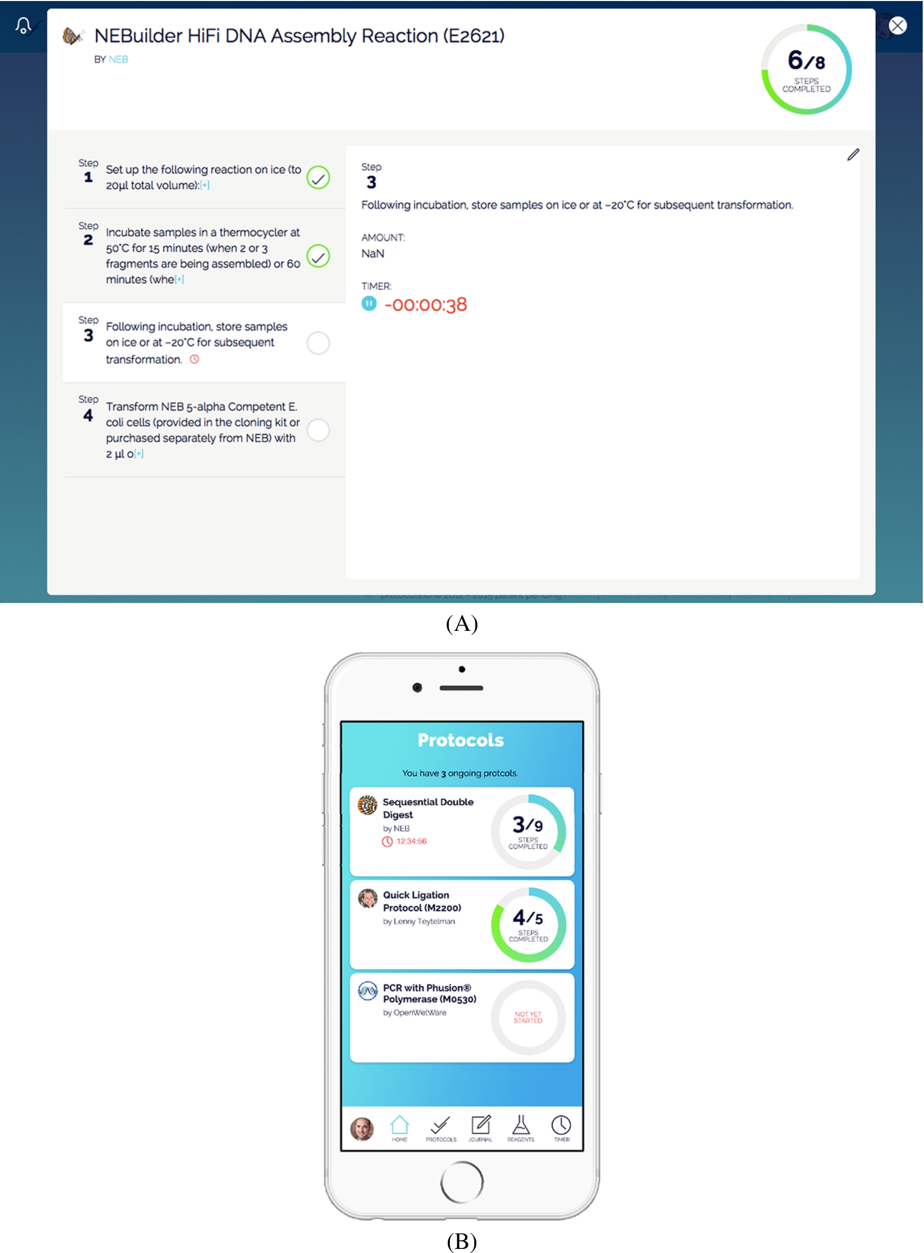 Checklist functionality for following a protocols.io method. Panel (A) demonstrates the website interface and panel (B) shows the iOS mobile view. (Colors are visible in the online version of the article; http://dx.doi.org/10.3233/ISU-150769.)