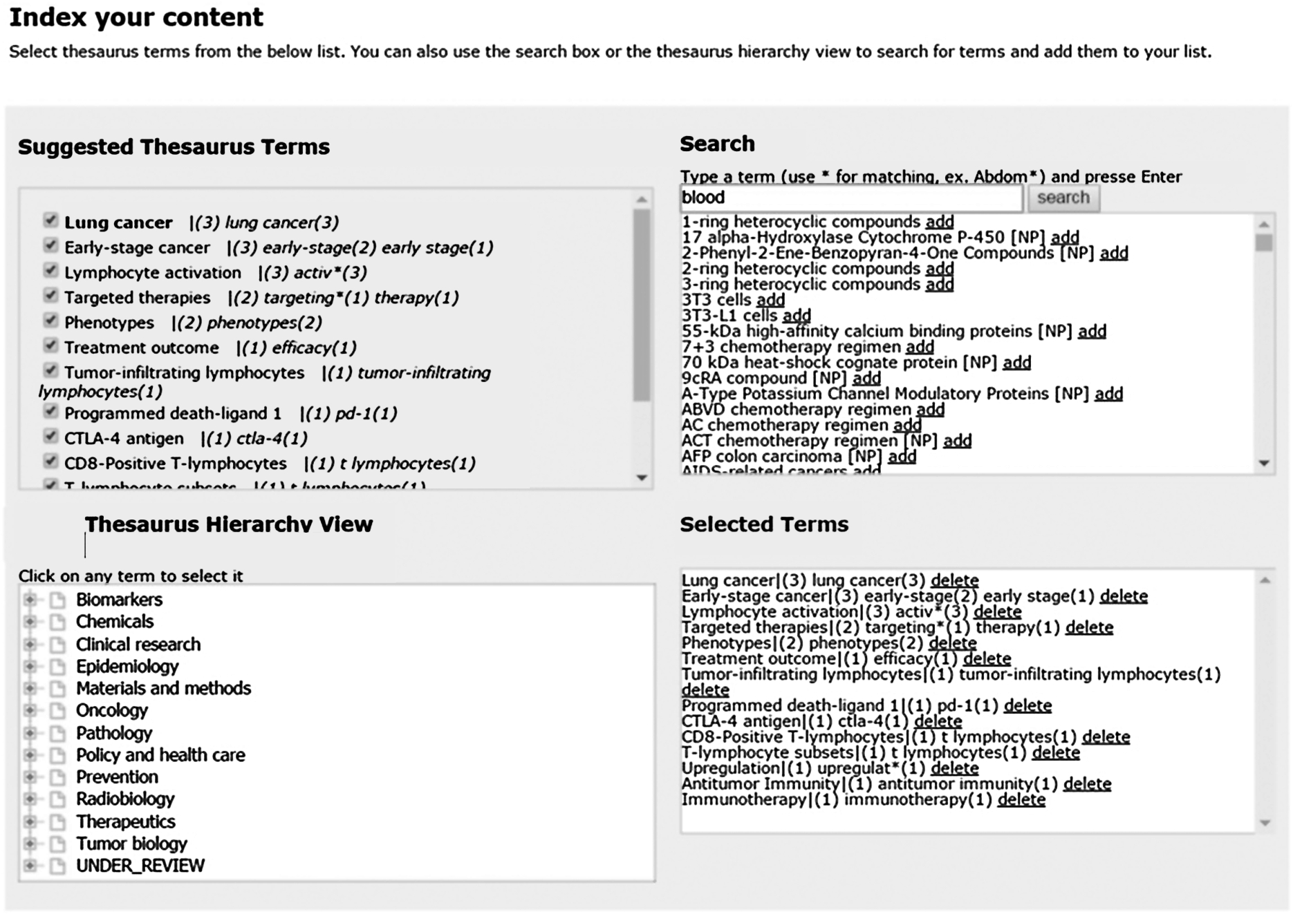 An example of semantic enrichment at the point of submission integrated with a web-based manuscript submission system. This implementation allows the author to review and curate the terms assigned to the manuscript.