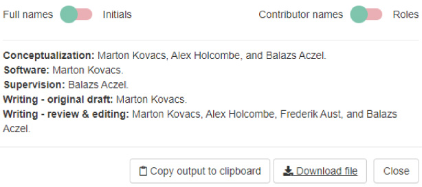 A screenshot of the contributorship output according to the CRediT taxonomy. Users can choose to list the CRediT roles after each corresponding name as well.