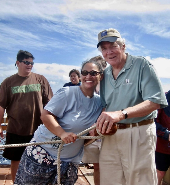 Dr. Lindberg on a training cruise of the full-size double-hulled Hawaiian voyaging canoe Hokule’a, Pacific Ocean a few miles west of Honolulu, Oahu, HI, 2009.