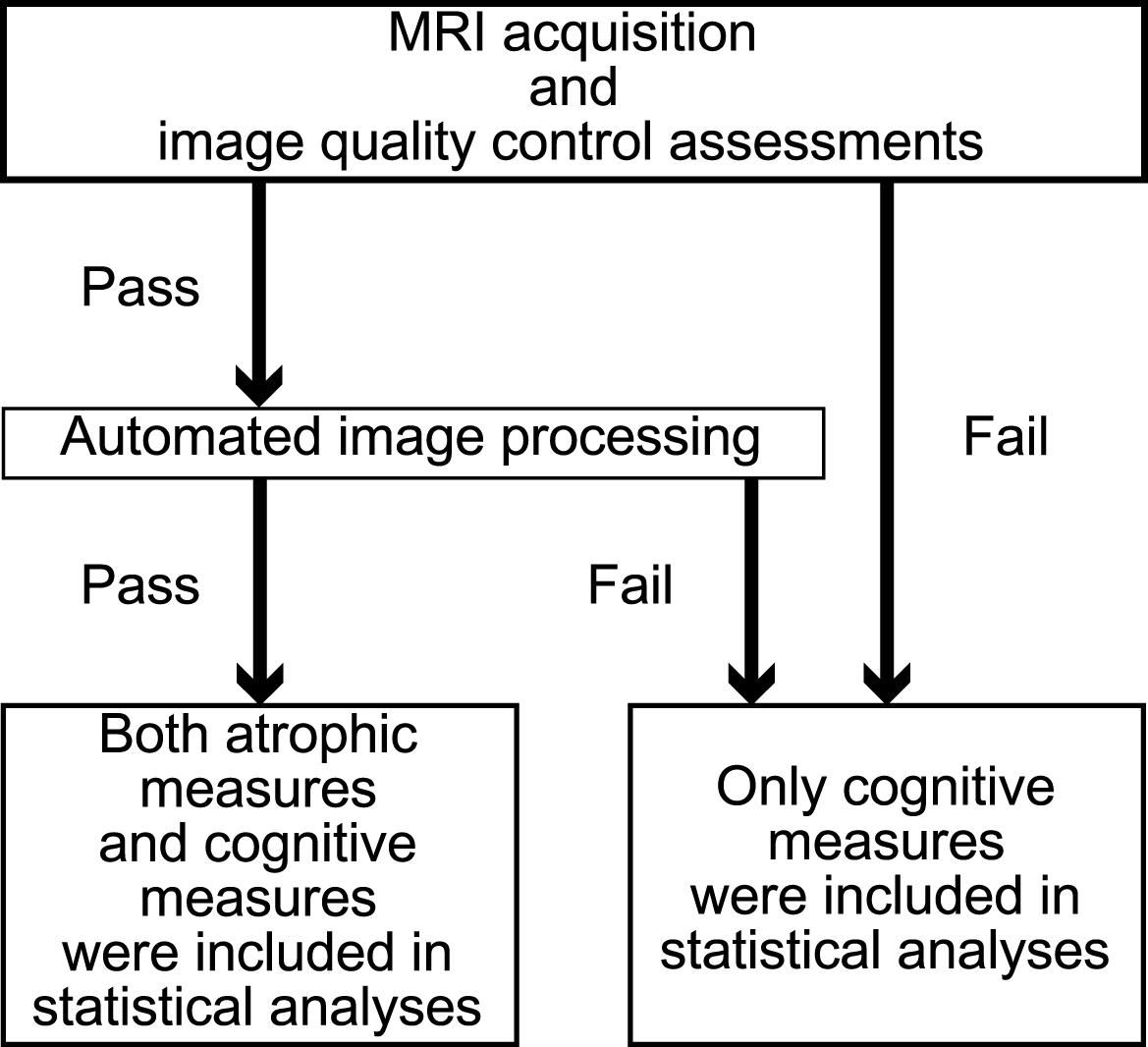 Flow diagram showing the inclusion and exclusion of atrophy measures and cognitive measures in the statistical analyses.